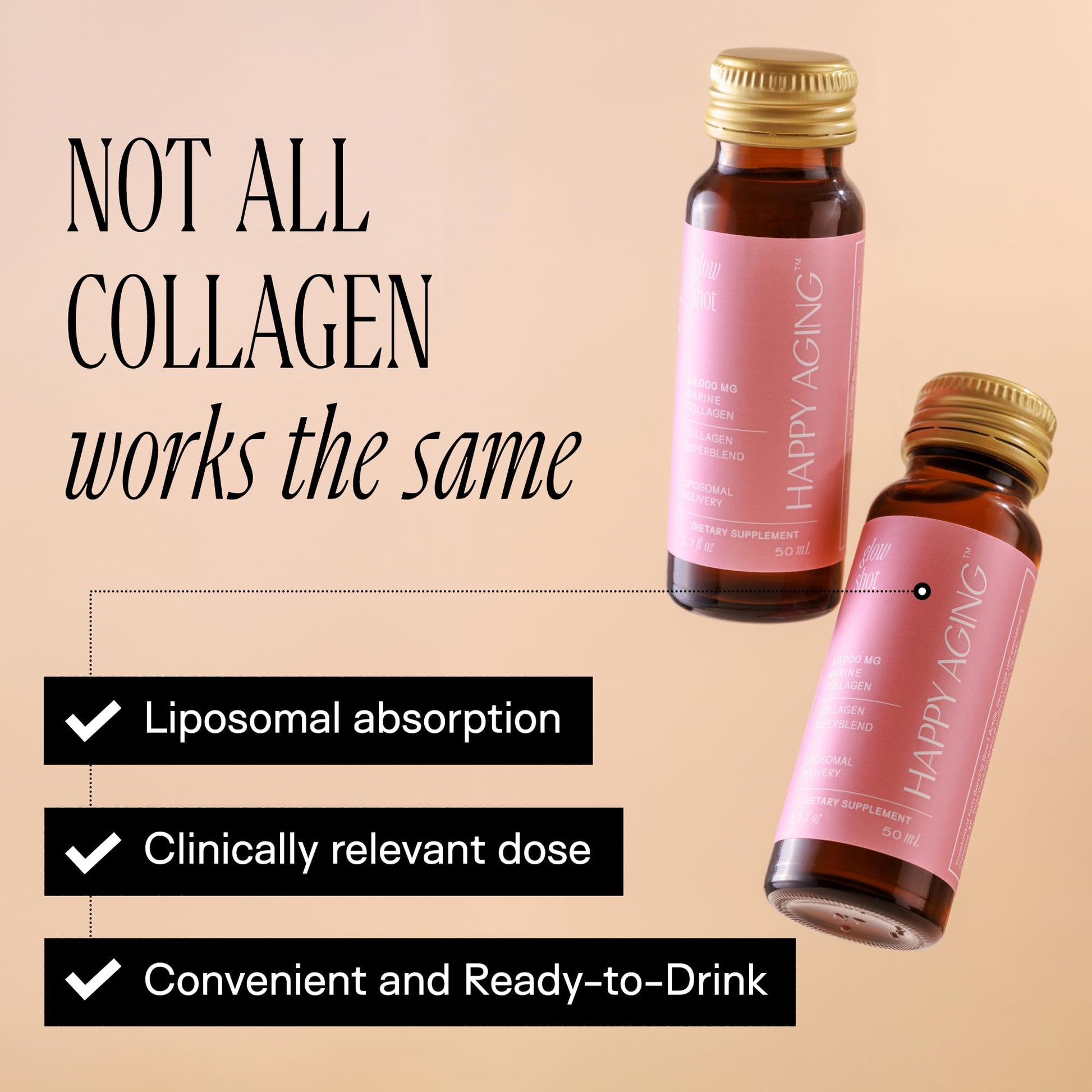 Happy Aging Marine Collagen Peptides Glow Shot 10,000mg - Liquid Collagen for Women with Liposomal Delivery - Promotes Skin Hydration, Elasticity & Radiance - Supports Hair & Nails, 10 Shots Happy AgingAu supplements