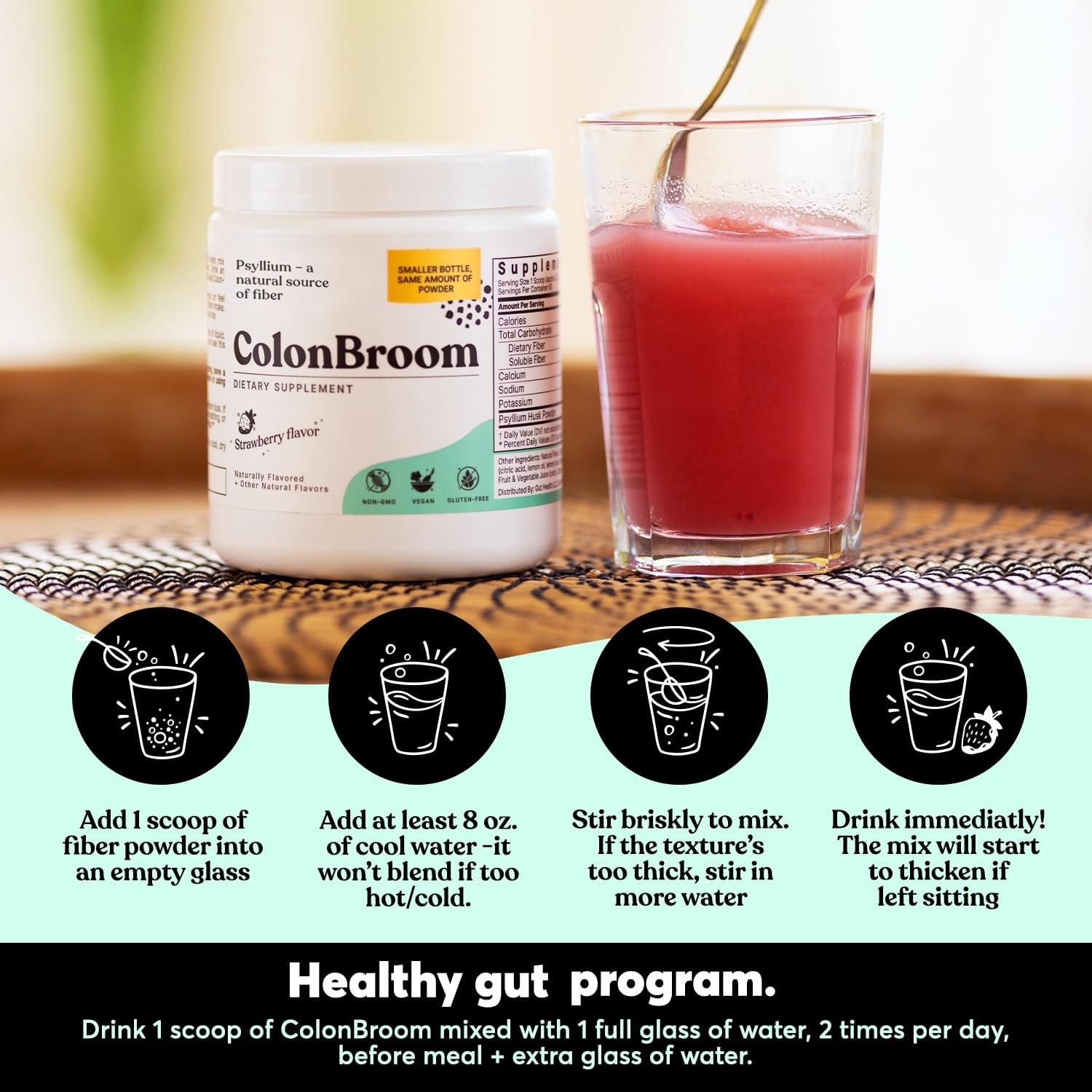 ColonBroom Psyllium Husk Powder (Strawberry) - Colon Cleanse for Bloating Relief & Gut Health - Colon Broom Fiber Powder Drink - Vegan, Gluten Free, Non-GMO Fiber Powder Supplement, 50 Servings ColonBroomAu supplements