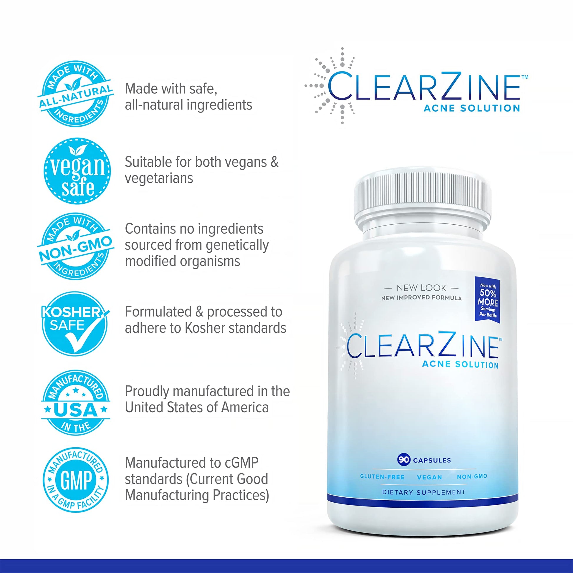 ClearZine Acne Pills for Teens & Adults | Clear Skin Supplement, Vitamins for Hormonal & Cystic Acne | Stop Breakouts, Oily Skin and Zits, 90 Caps ClearZineAu supplements