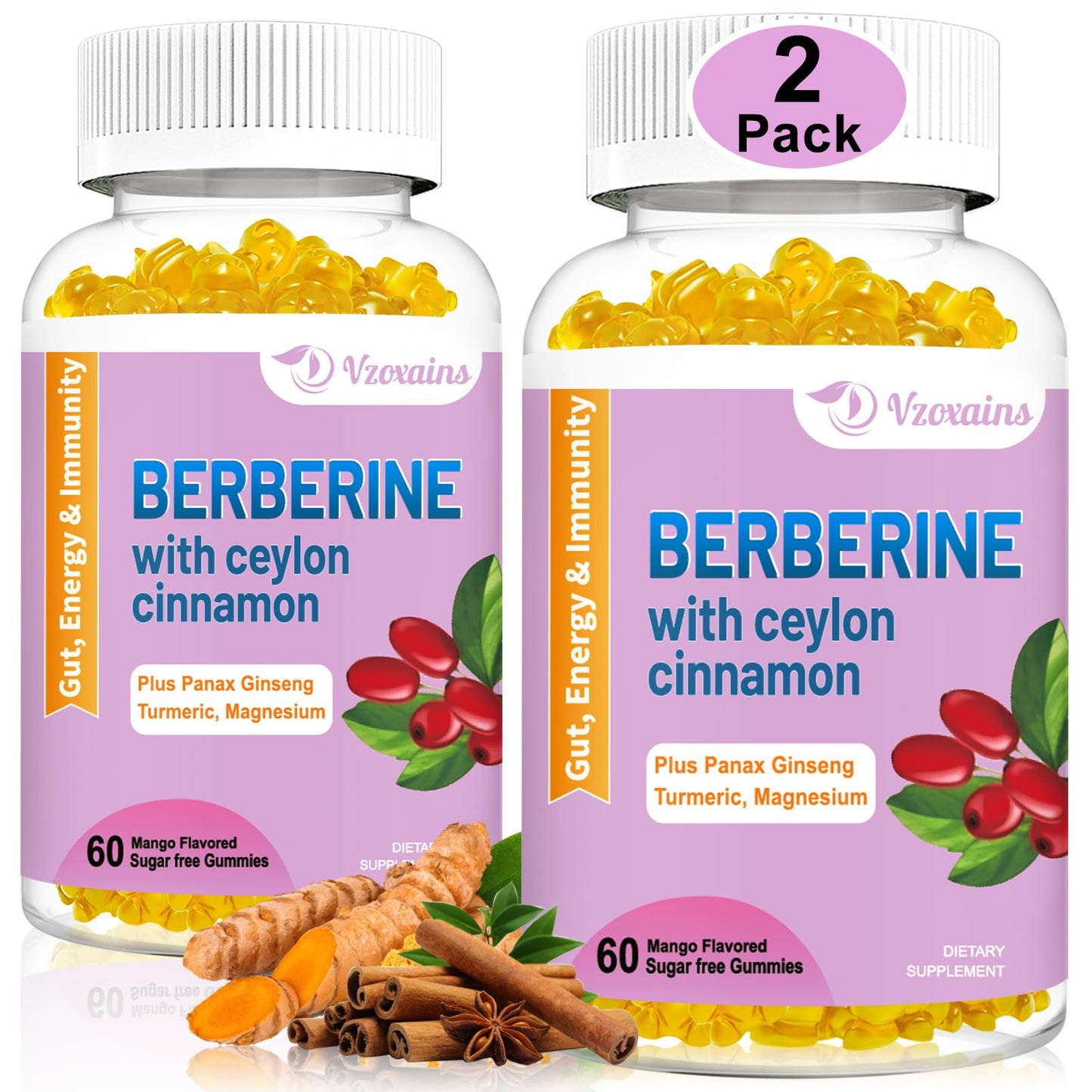 2 Pack Berberine with Ceylon Cinnamon Gummies, 2000mg High Potency Berberine HCI VZOXAINSUS supplements