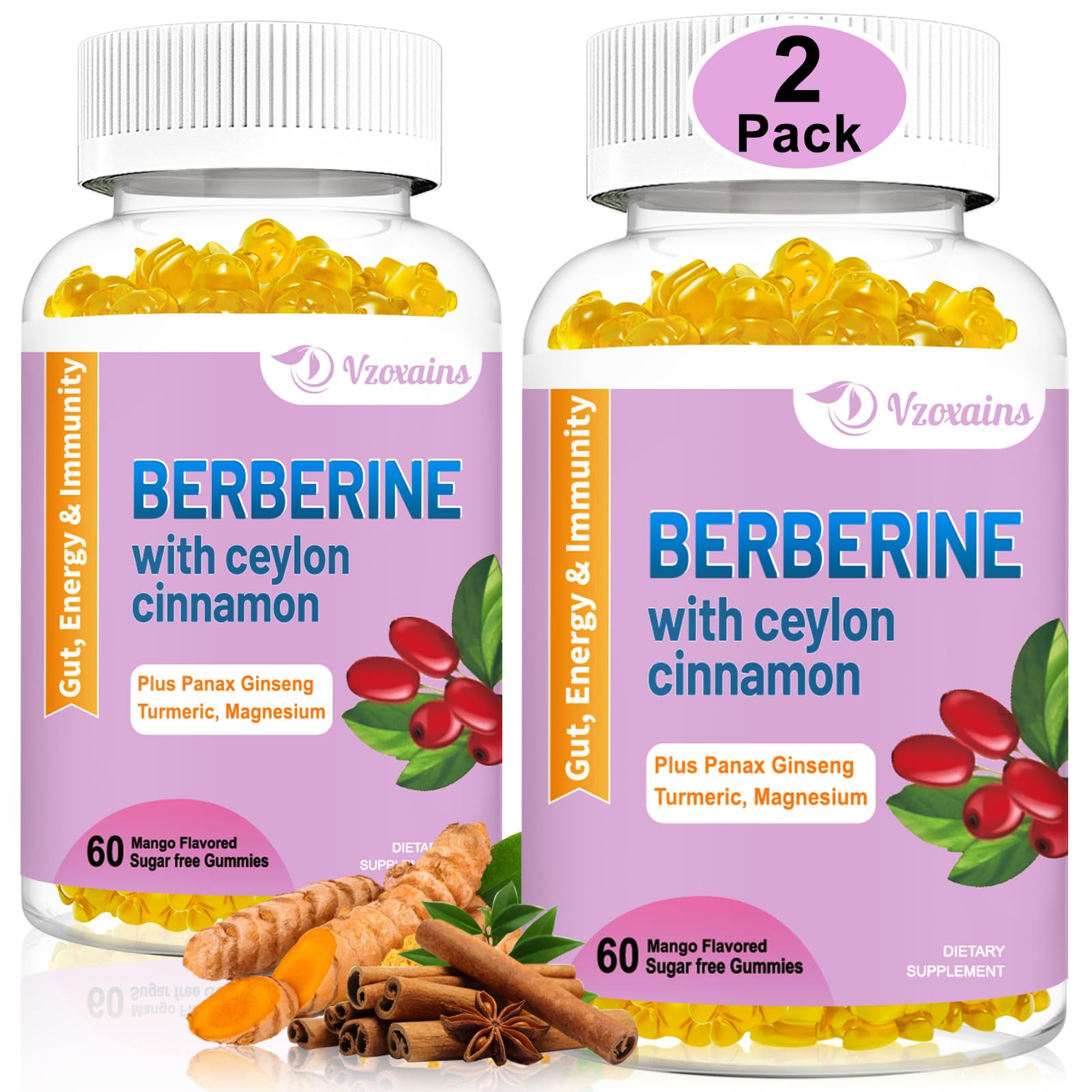 2 Pack Berberine with Ceylon Cinnamon Gummies, 2000mg High Potency Berberine HCI VZOXAINSUS supplements