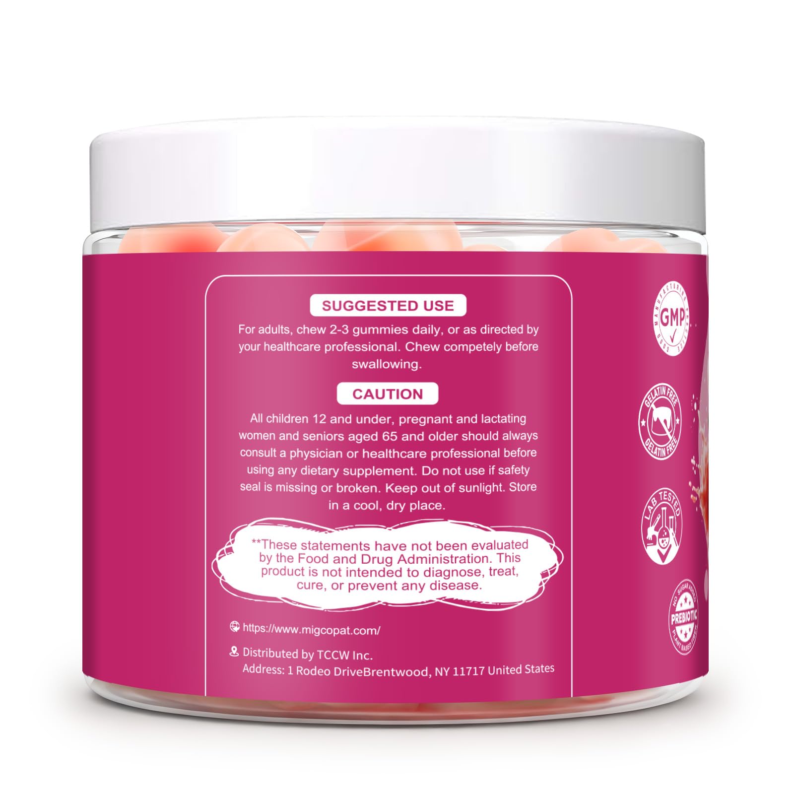 Migcopat 10G Fiber Gummies with Collagen Peptides, Hyaluronic Acid, Vitamin C, ACV, 30 Billion CFU Probiotics – Sugar Free Collagen Gummy for Skin, Hair & Nails