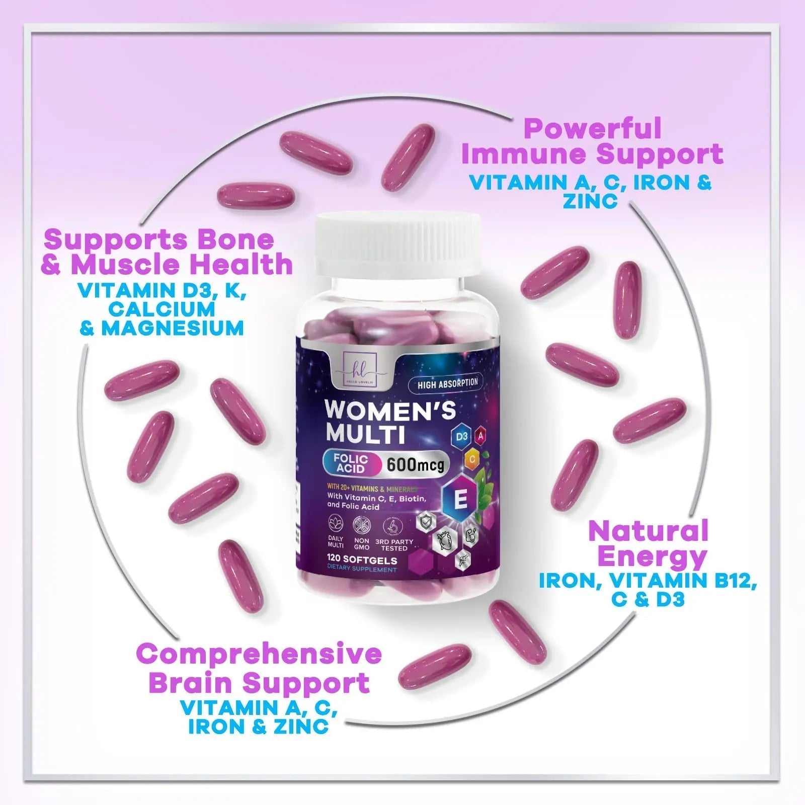Multivitamin For Women - Complete Daily Woman's Multivitamins with Biotin, Calcium, Folic Acid, Iron, Zinc, Vitamin A, C, D, E & B Vitamins Hello Lovely!Au supplements