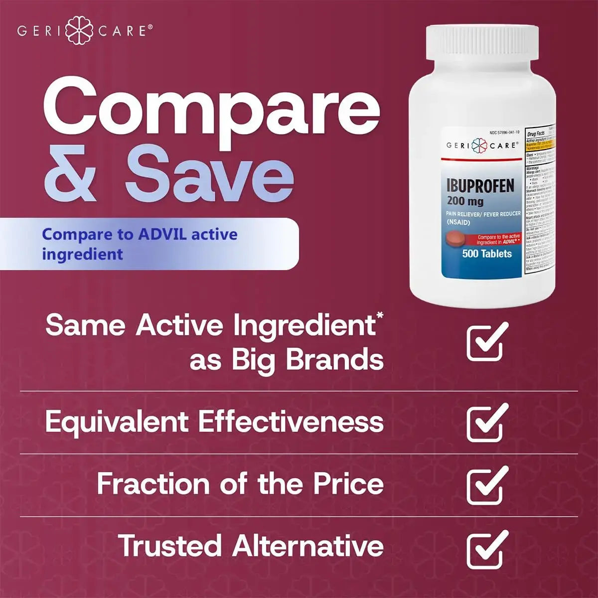 GeriCare Ibuprofen 200mg, Pain Reliever, Fever Reducer, Relieves Body Aches, 500 Count (Pack of 1) GeriCareAu supplements