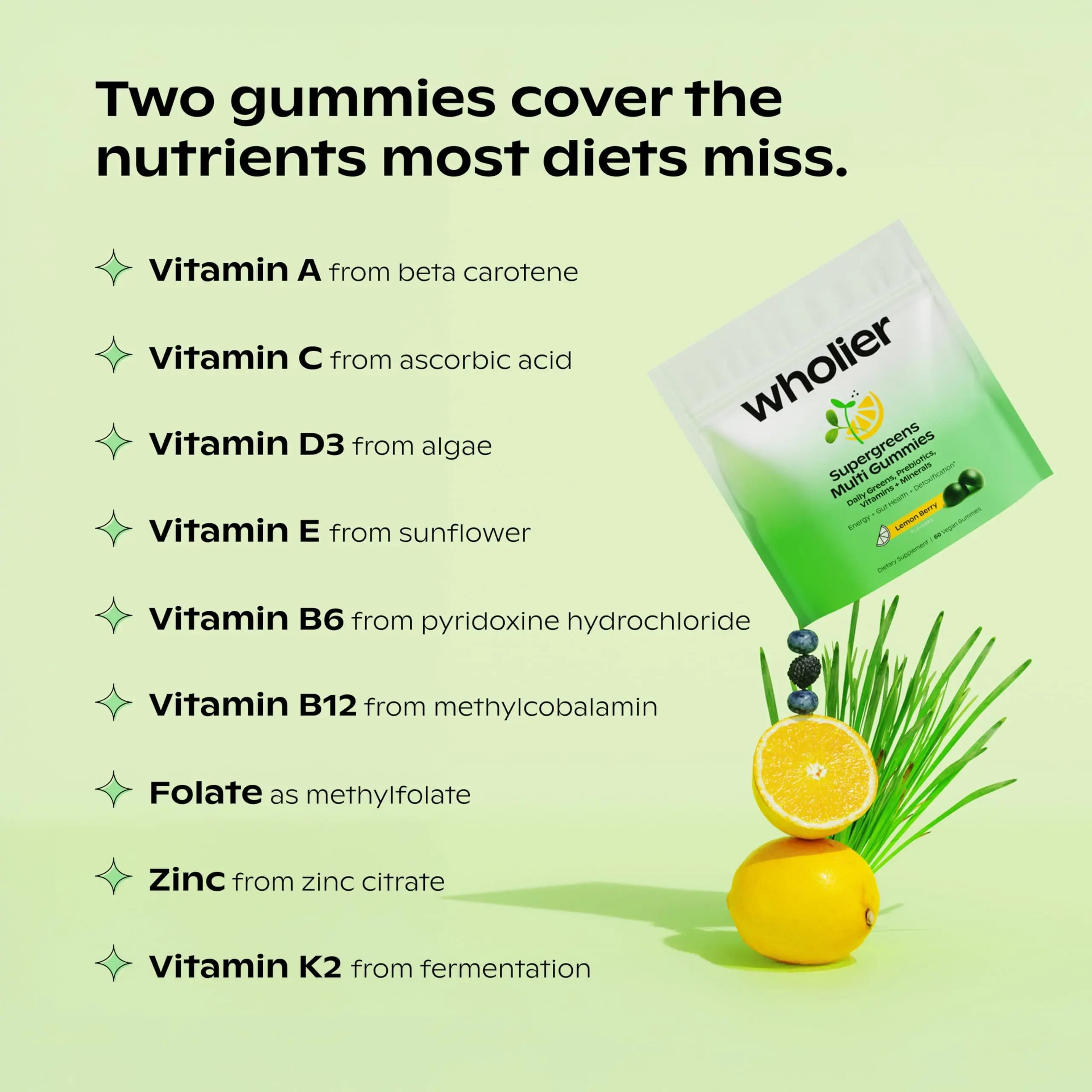wholier Daily Supergreens Gummies, Greens Supplement with Prebiotics, Fiber, Adaptogens, Vegan Multivitamin, 9 Essential Vitamins + Minerals, 1g Sugar, 2 Gummy Serving (60 Gummies, 30 Day Supply) wholiernz supplements