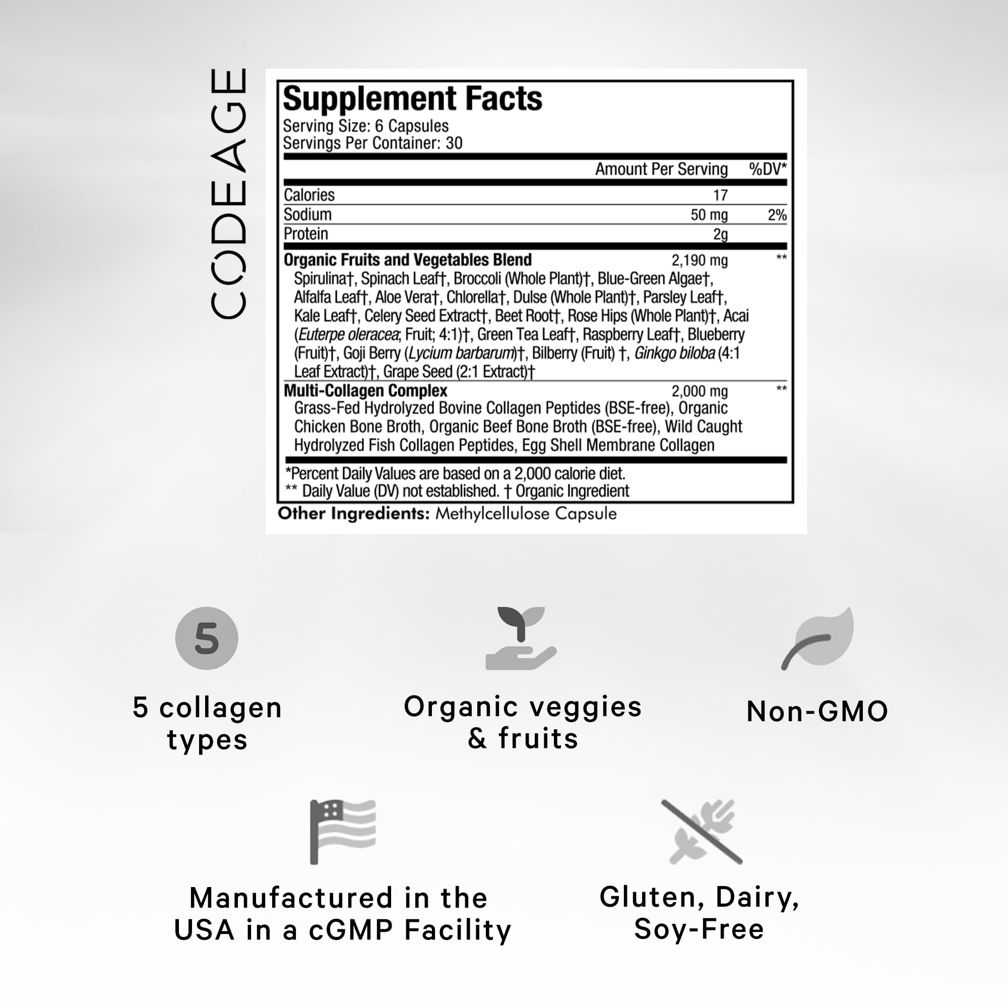 Codeage Multi Collagen Protein + Organic Raw Greens Superfood Capsules Supplement, 21 Fruits & Veggies, Grass-Fed Hydrolyzed Collagen Peptides, 5 Types All-in-One, 180 Count CodeageAu supplements