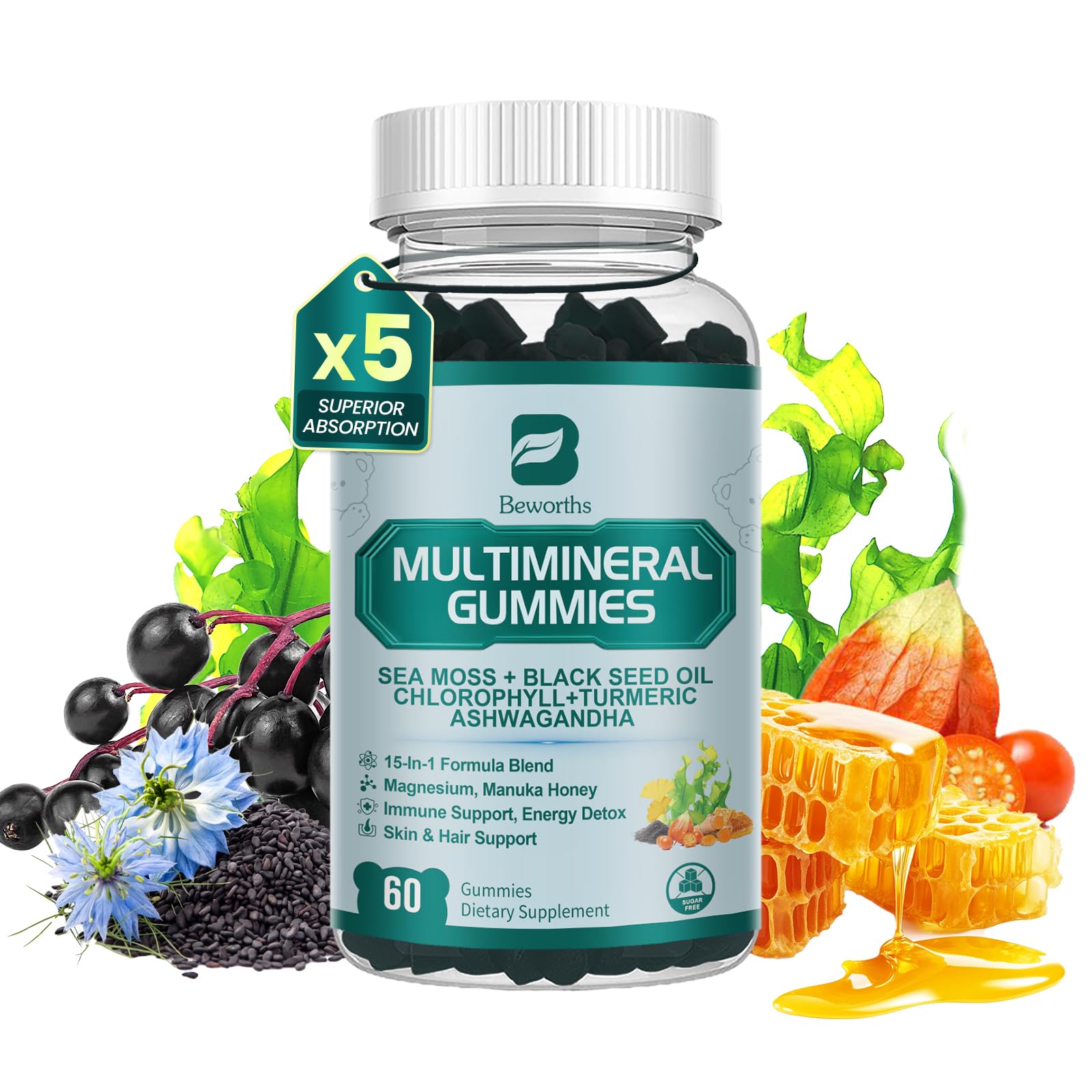 Sea Moss Gummies with Ashwagandha & Chlorophyll, Immune, Digestive and Gut Detox Support, Powered by Black Seed Oil, Vitamin C, Vitamin D & Magnesium, GMO, Vegan, Apple Flavor, 60 SeaMoss Gummies B BEWORTHSAu supplements