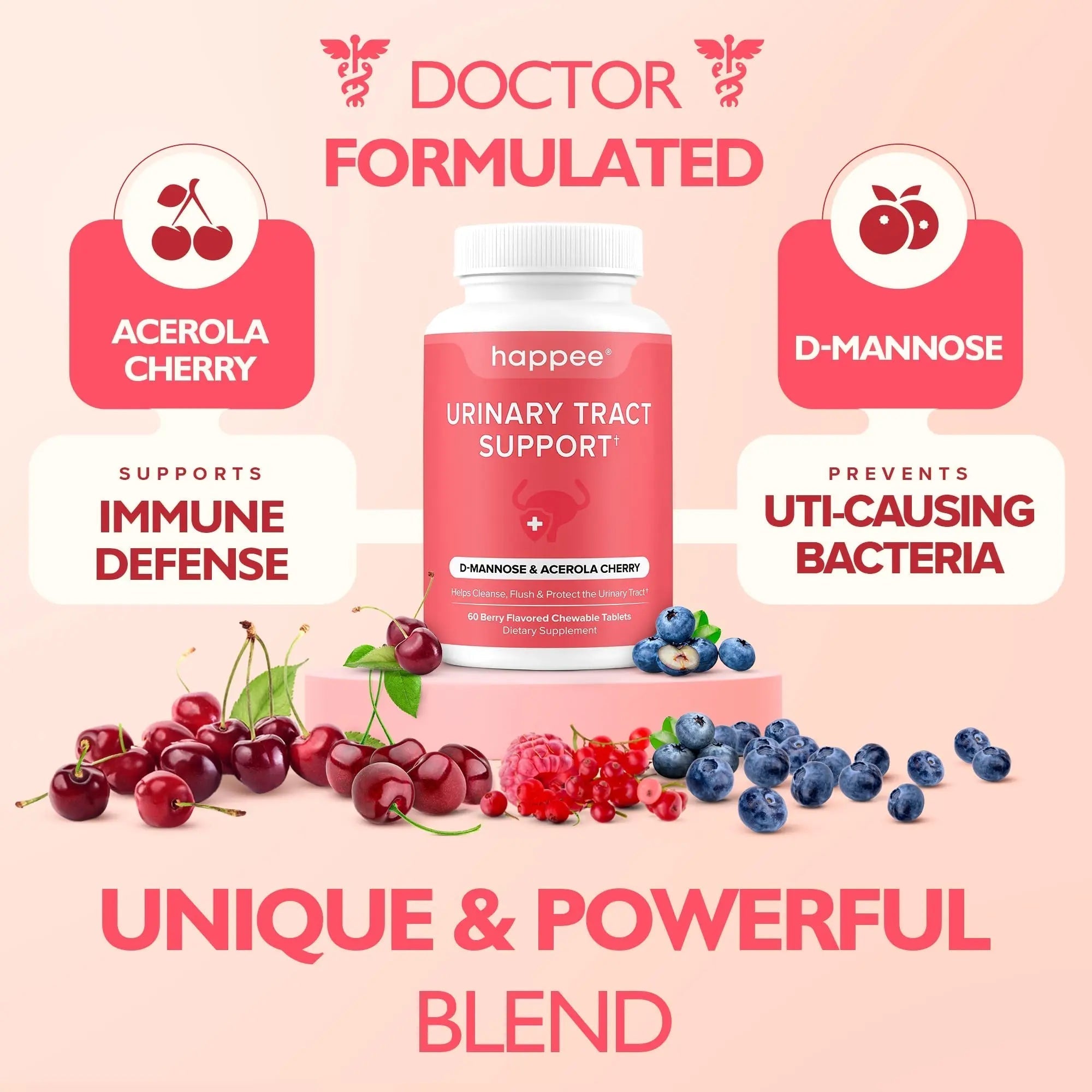 Happee Urinary Tract Health Supplement for Women & Men – Fast-Acting UTI Relief and Prevention, 500mg D-Mannose & Antioxidants, Supports Kidney and Bladder Health, Berry Flavor, 60 Chewables HappeeAu supplements