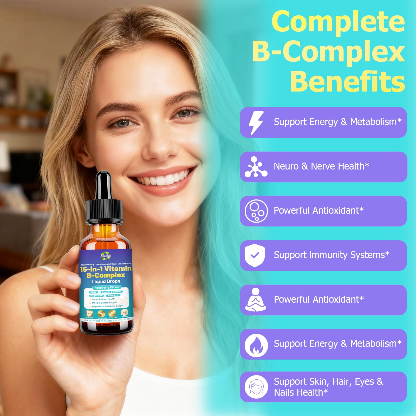 Advanced Vitamin B Complex Liquid Drops for Women Men & Kids, 15-in-1 VIT B Complex with Vitamin C B12 B6 B1 Niacin Folate for Brain Nerve Neuropathy Energy Mood Health, Sublingual B-Complex Drops JUIWEFKKAu supplements