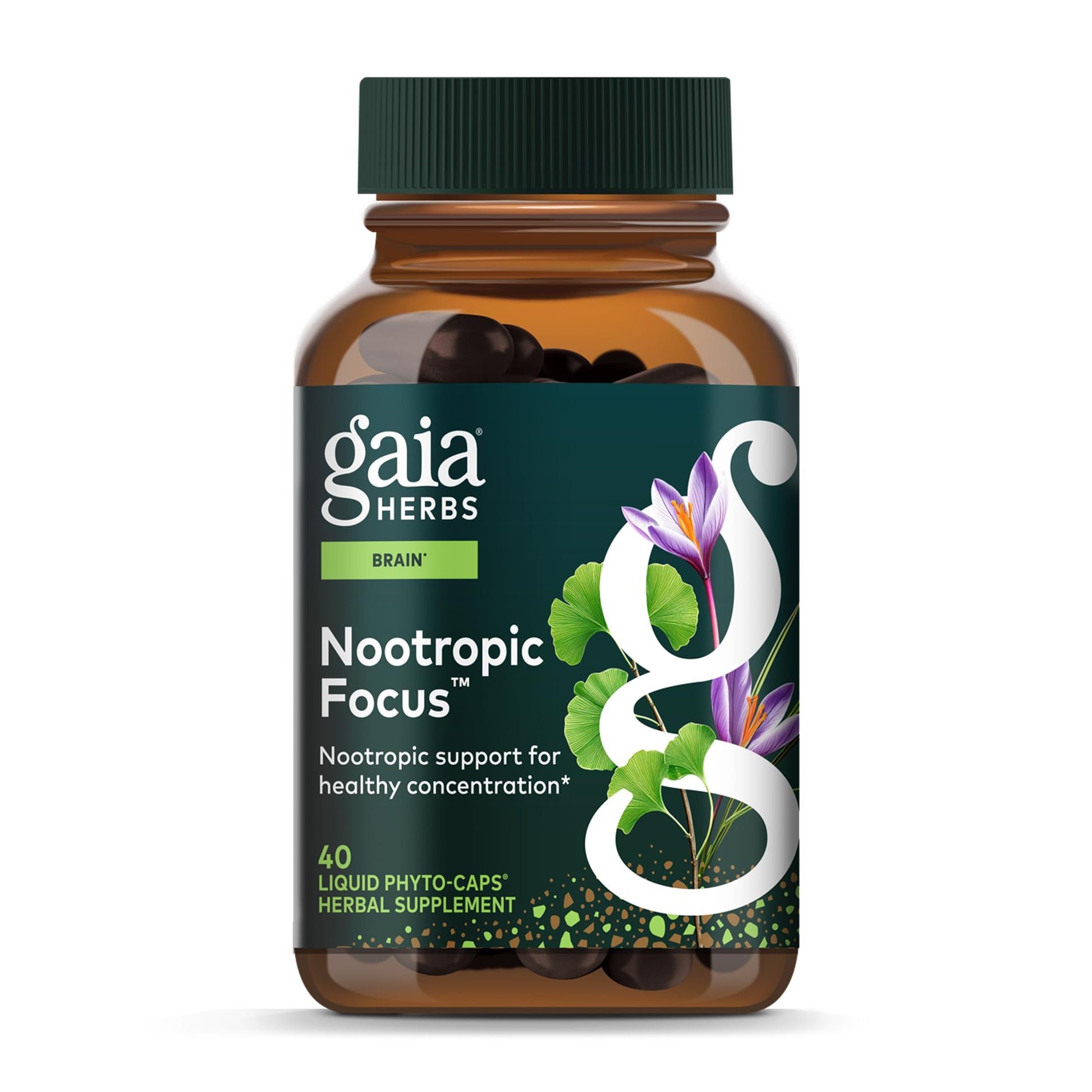 Gaia Herbs Nootropic Focus - Brain & Cognitive Support Supplement to Help Maintain Healthy Concentration* - with Saffron, Lemon Balm & Spearmint - 40 Liquid Phyto-Capsules (20 Servings) Gaia HerbsAu supplements