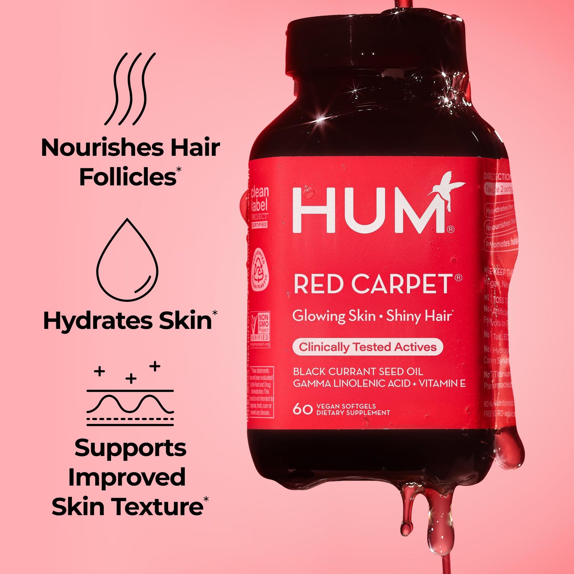 HUM Red Carpet Skin & Hair Vitamins for Women with Omega 3 Fatty Acids, Vitamin E, and Black Currant Seed Oil, Supplement for Skin Health & Healthy Hair Follicles Support, 60 Count HUMUS supplements