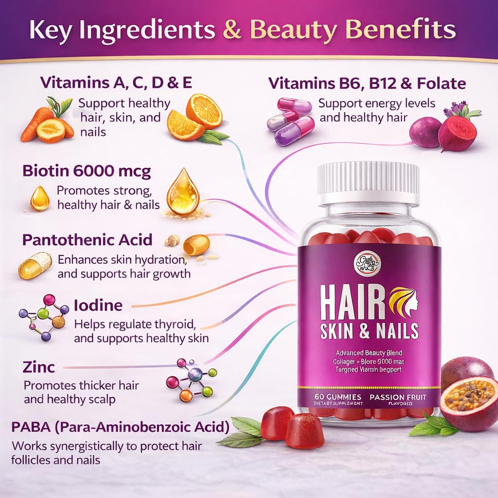 Grab The Gold Hair Skin & Nails Vitamins for Women | Gummies with 6000mcg Biotin & Collagen | 10 Essential Vitamin & Minerals | Gluten-Free, Non-GMO, Passion Fruit Flavor | 1 Month Supply, Made in USA Grab The GoldAu supplements