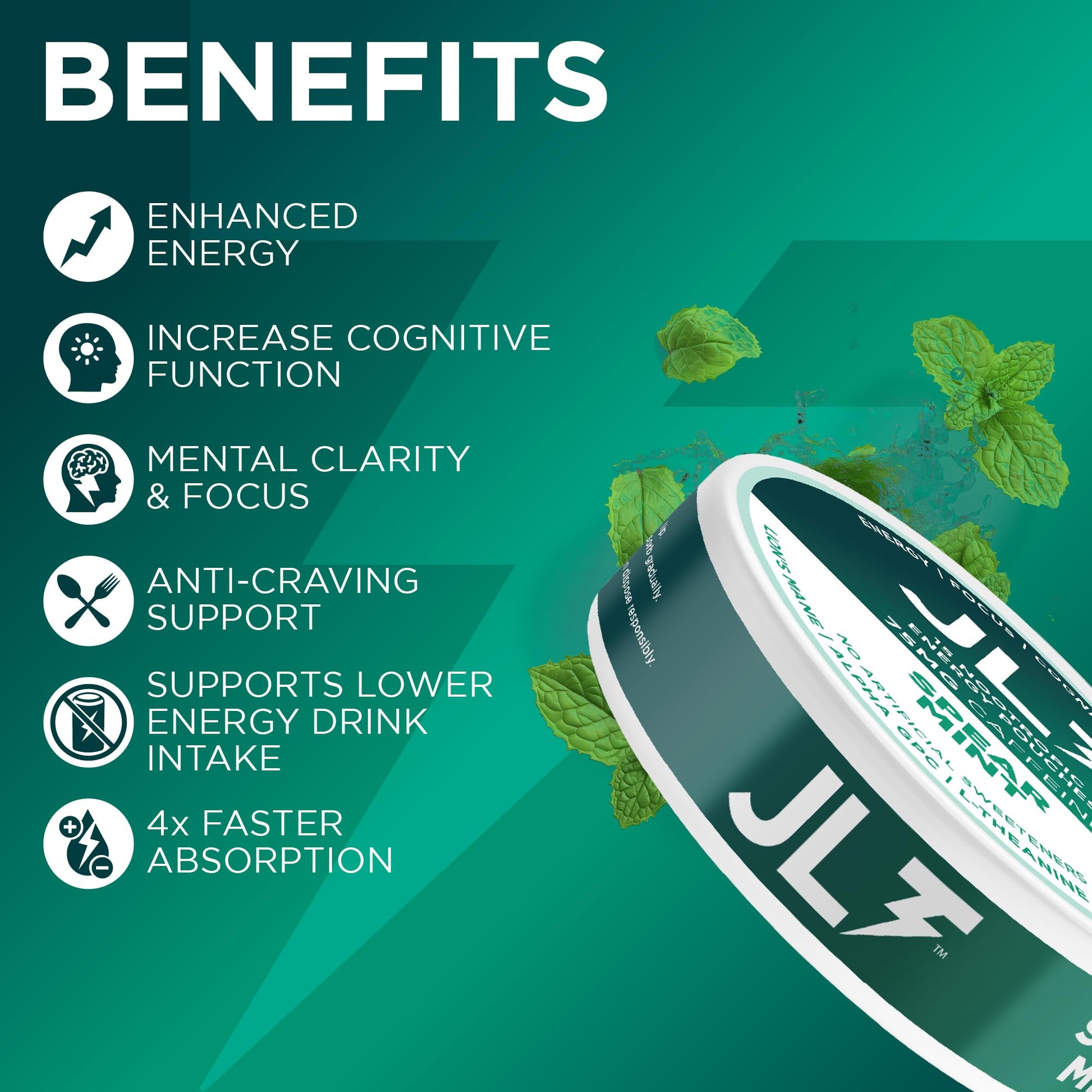JLT 75 mg Caffeine Nootropic Pouches | Nootropic Energy Pouches with 75mg Caffeine, Lion's Mane, Alpha GPC, L-Tyrosine & L-Theanine with no Artificial Sweeteners | 15 Pouches Per Can JLT EnergyAu supplements