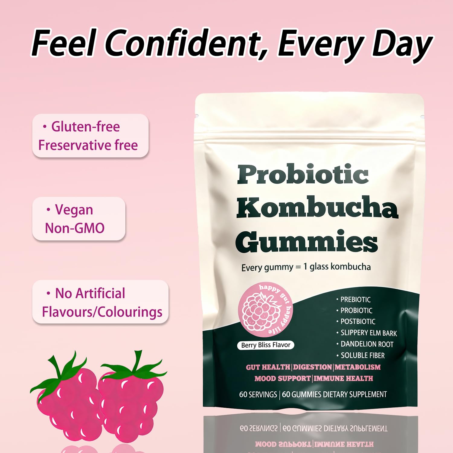 Glo Vous Probiotic Kombucha Gummies – 60 Gummies, with Prebiotics, Postbiotics & Fiber,Includes Slippery Elm, Dandelion Root & MCT Oil,Supports Digestive Health, Bloating Relief & Gut Support Glo VousAu supplements