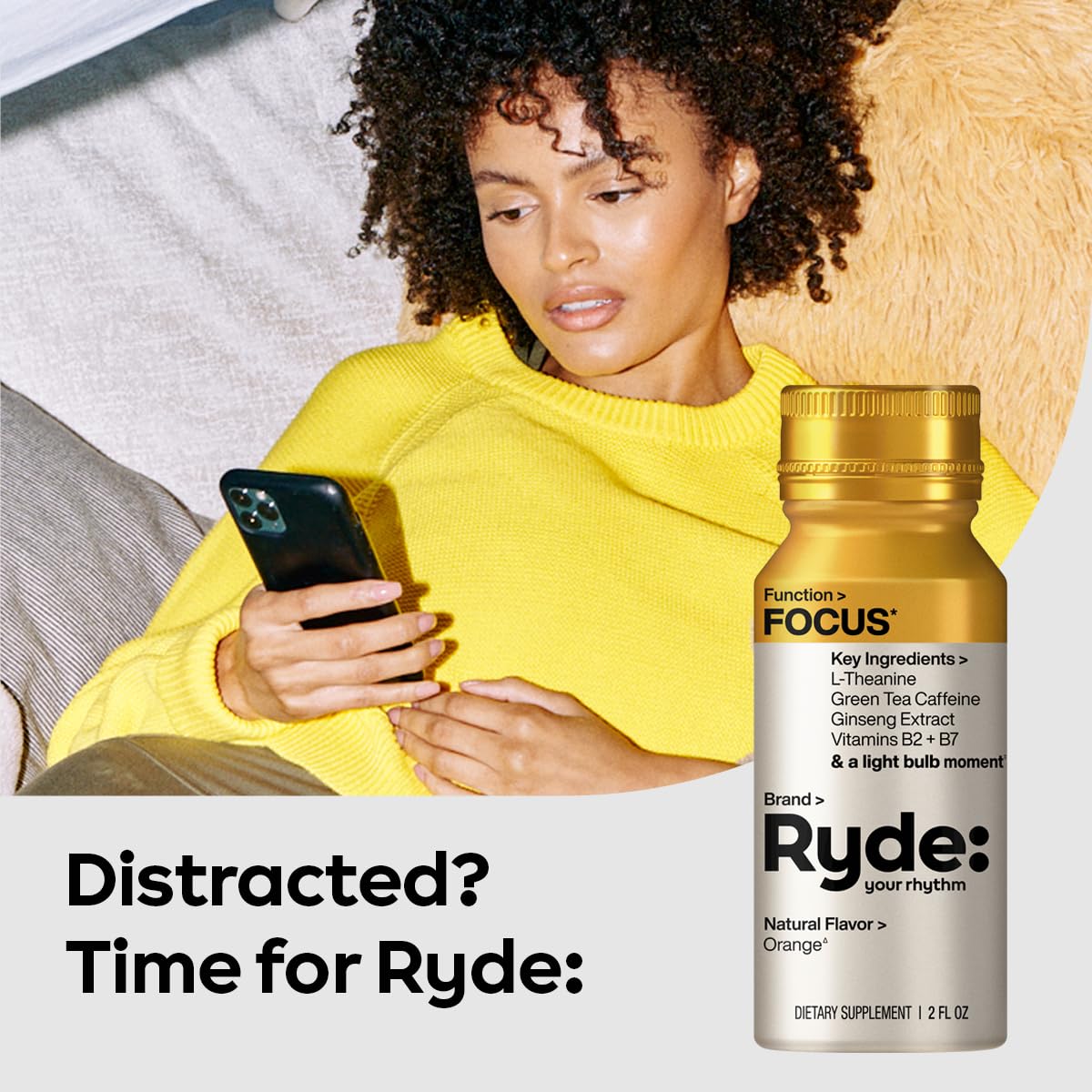 Ryde: Focus Shot | Orange Flavor | L-Theanine & Ginseng | Green Tea Caffeine | Vitamins B2 & B7 | 0 Calories, 0 Sugar | 2 FL OZ Shots | Supports Focus* (8 Pack) RYDEAu supplements