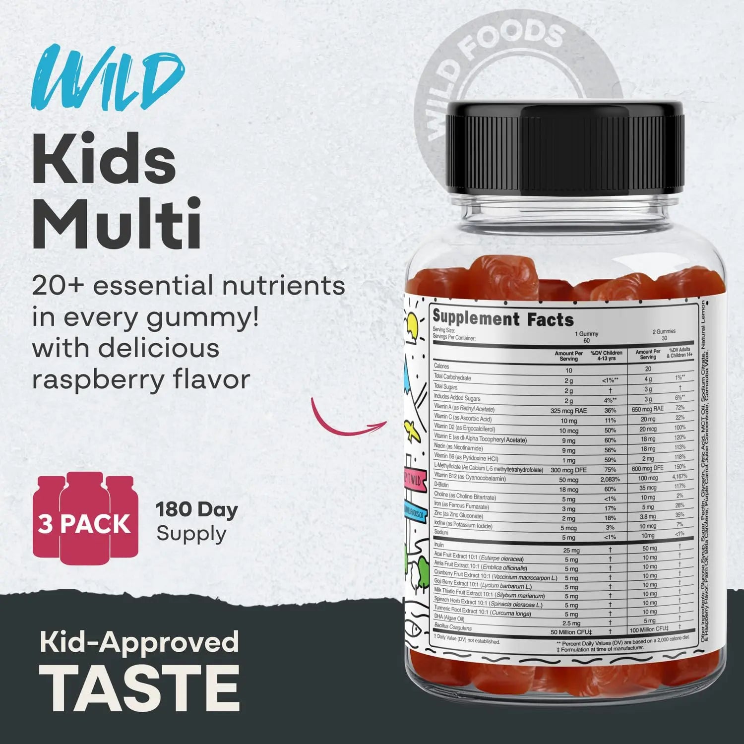 Wild Foods Kids Multivitamin Gummies – Natural Skin, Immune & Bones Support with Kids Vitamins A, C, D, E, B12, Iron & DHA Wild FoodsAu supplements
