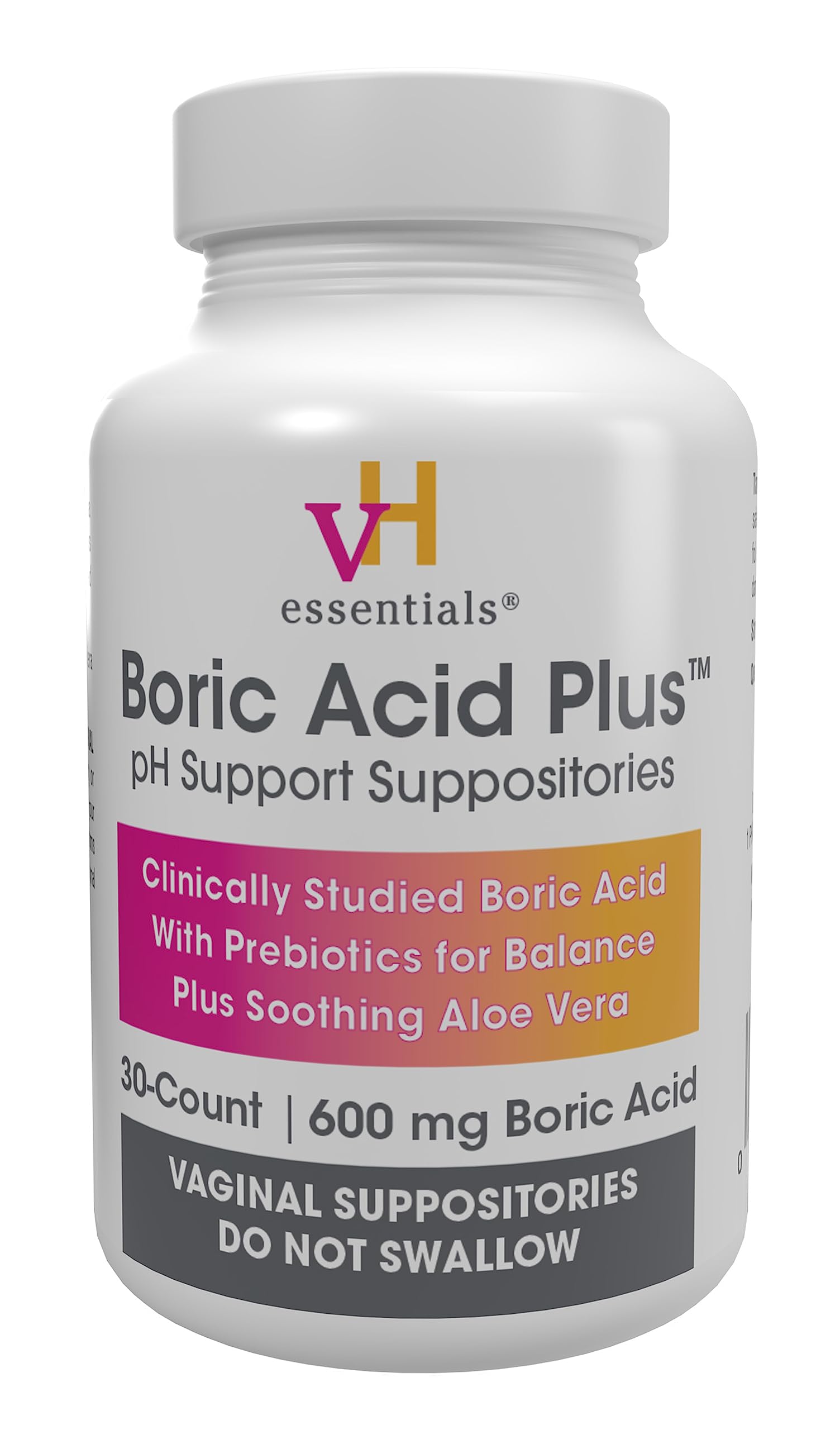 vH Essentials Boric Acid Plus Vaginal Suppositories, Prebiotic Infused with Soothing Aloe Vera, pH Support Formula Fights Odor and Promotes Freshness, 600mg Boric Acid, 30 Count vH essentialsUS supplements