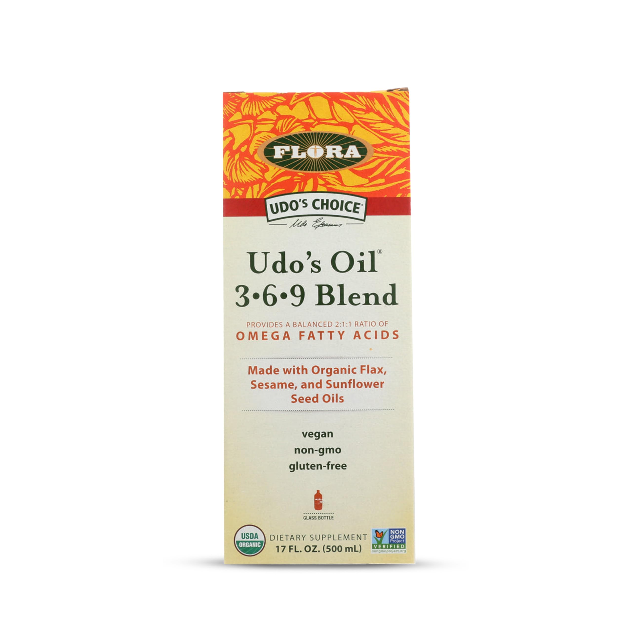 Flora - Udo's Choice Omega 369 Oil Blend, Made with Organic Flax, Sesame & Sunflower Seed Oils, Plant-Based Vegan Omega Fatty Acids, Based on Ideal 2:1:1 Ratio, 17-fl, oz. Glass Bottle FloraAu supplements