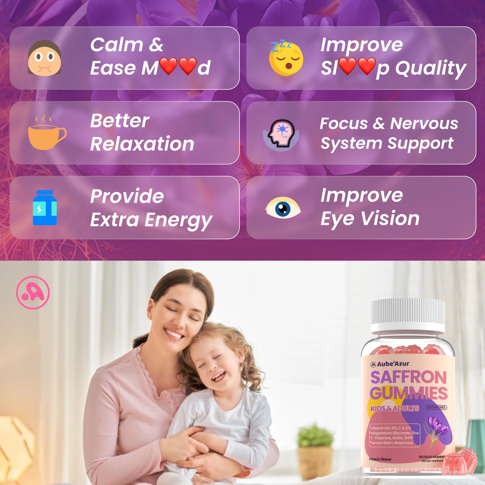Saffron Gummies for Kids Adults 88.5mg, 15-in-1 Saffron Supplements for Kids, with B6, B12, C, D3, Magnesium Glycinate, Zinc for Nerve, Rest, Focus, Sugar Free, Vegan, Non- GMO, Peach Flavor, 60 Count Aube'AzurAu supplements