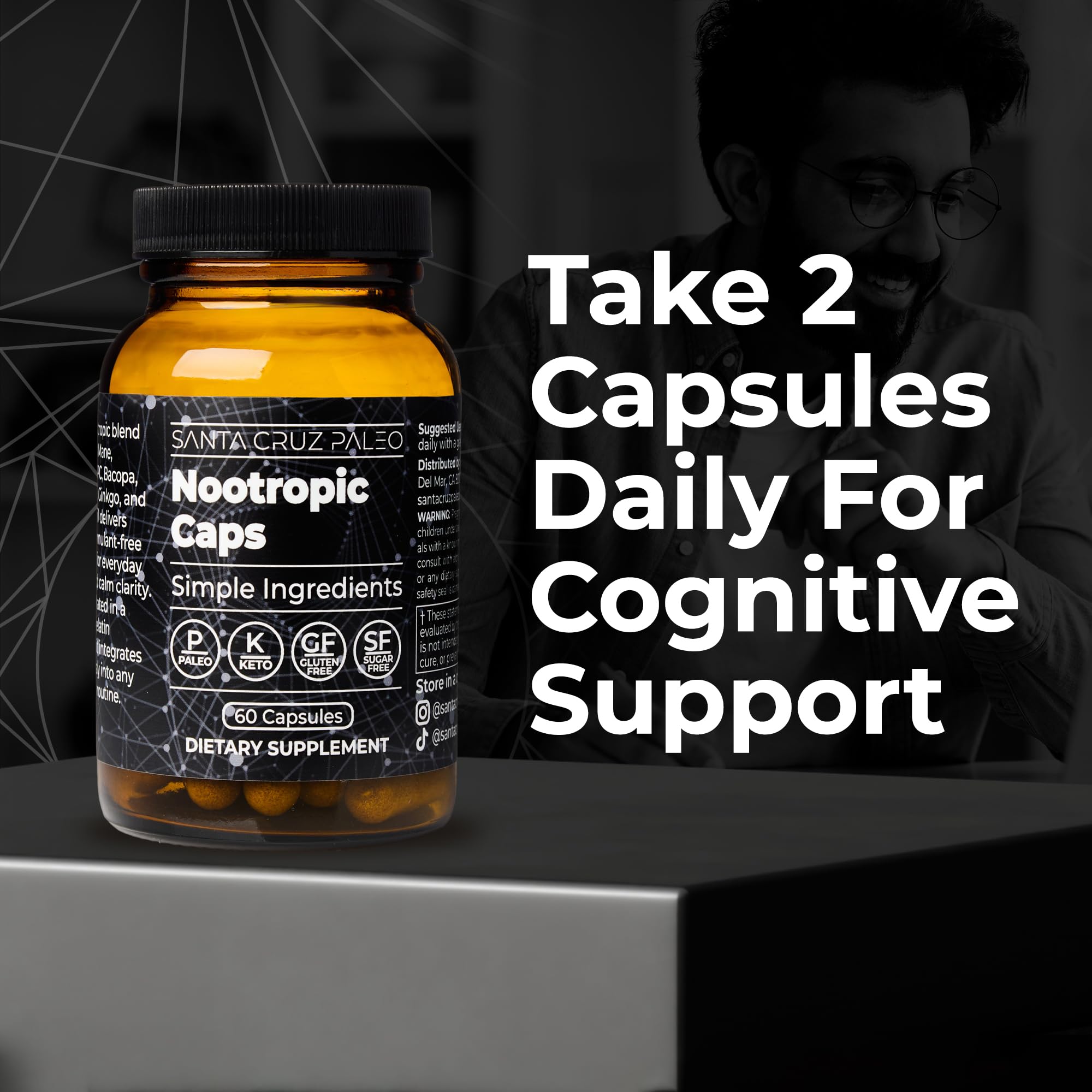 Santa Cruz Paleo Nootropic Capsules – Lions Mane, Alpha GPC, Panax Ginseng & Ginkgo Biloba for Focus, Memory, Mental Clarity & Energy – Keto, Paleo, Gluten Free Brain Supplement, 60 Caps Santa Cruz PaleoAu supplements