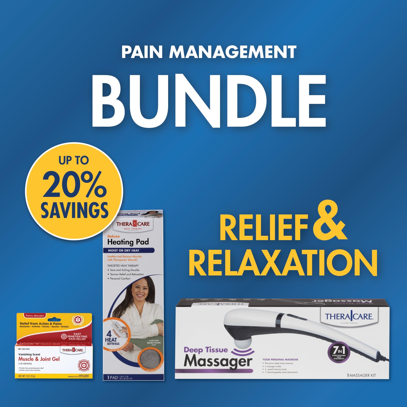 Pain Management Bundle 3-Piece | Personal Deep Tissue Massager | Muscle & Joint Pain Relief Gel | Deluxe Moist Dry Heating Pad | Therapeutic Care at Home | Whole Family Care Thera CareAu supplements