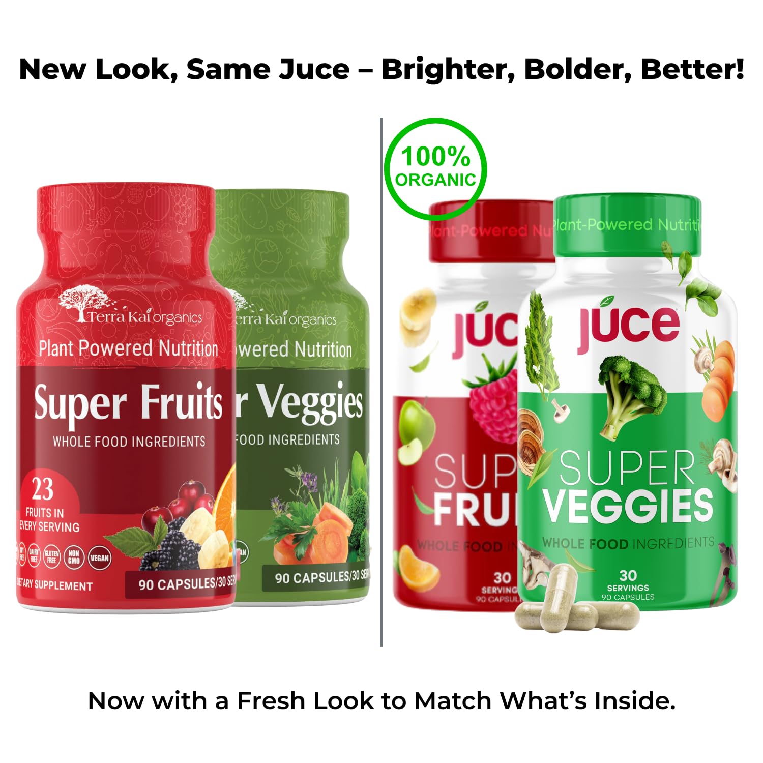 Juce Original Formula - Organic Super Fruit & Veggies Supplement - Gluten/Gelatin Free, Soy Free & Vegan- Reds & Greens Superfood Capsules- 23 Fruits & 23 Vegetables (180 Count)- By Terra Kai Organics Terra Kai OrganicsAu supplements