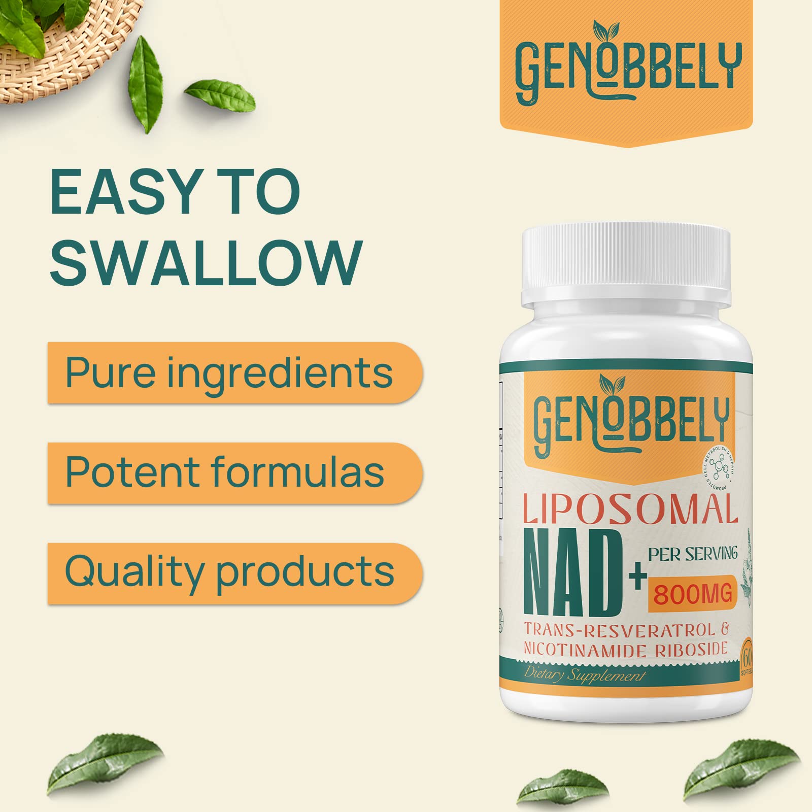 GENOBBELY 800 mg Liposomal NAD+ Supplement with Nicotinamide Riboside 200 mg, Trans-Resveratrol 100 mg - True NAD Supplement for DNA Repair, Healthy Aging, Brain Function - 60-Day Supply GENOBBELYAu supplements