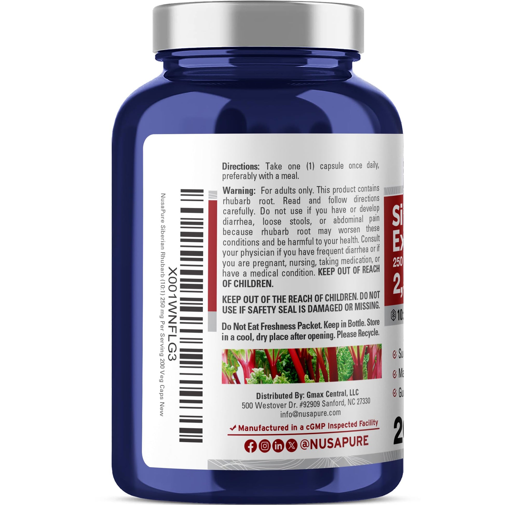 NusaPure Siberian Rhubarb 10:1 Extract, 250 mg Equivalent to 2,500mg - 200 Veggie Capsules (Vegetarian, Non-GMO, Vegan) NusaPureAu supplements