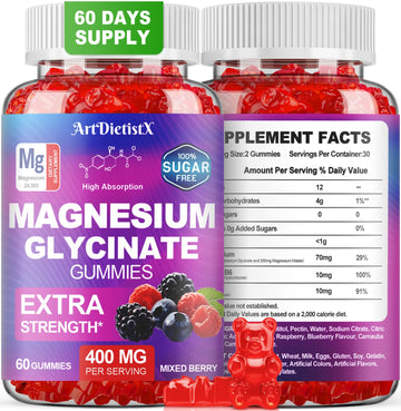 Magnesium Glycinate Gummies 400mg, Sugar Free Mаgnеsium Gummiеs for Adults with Magnesium Malate, Zinc, and Vitamin B6 for Sleep, Body Support and Relaxation, Non GMO, 60 Count-Multi-Flavor ArtDietistXAu supplements