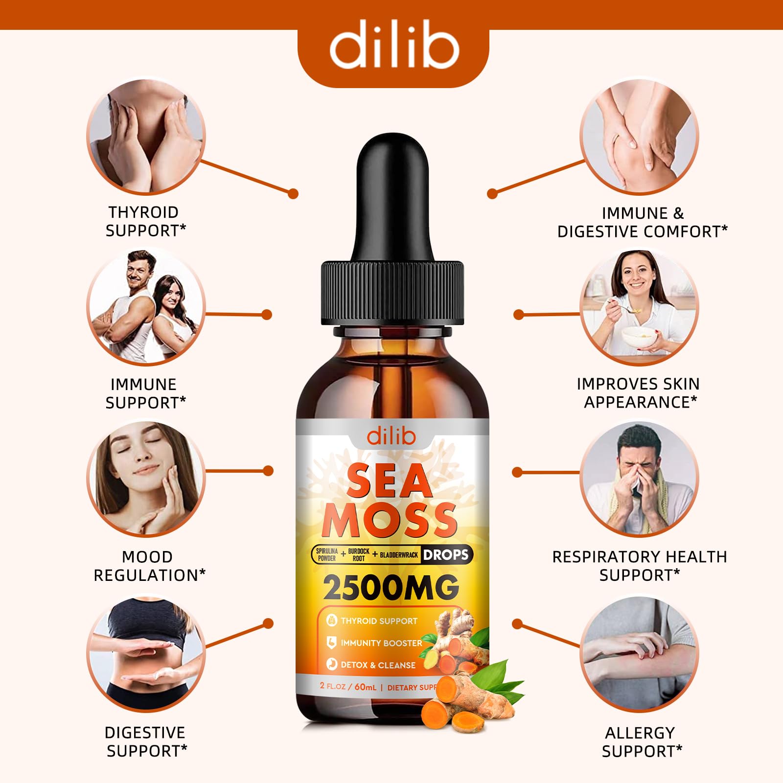 Sea Moss Liquid Drops: Organic Irish Sea Moss 2500mg with Turmeric, Bladderwrack dilibUS supplements