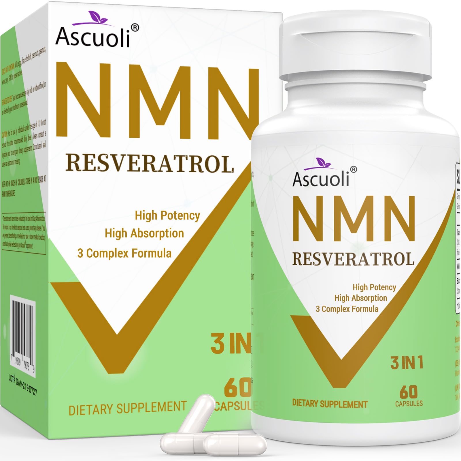99% Ultra Purity NMN 500mg + Trans-Resveratrol 600mg, 1150mg NMN Resveratrol Supplement, 3-in-1 Advanced Formula for Boost* NAD, Cell, Immune, Energy & Muscle, Healthy Aging, Stabilized Form - 60 Caps AscuoliAu supplements