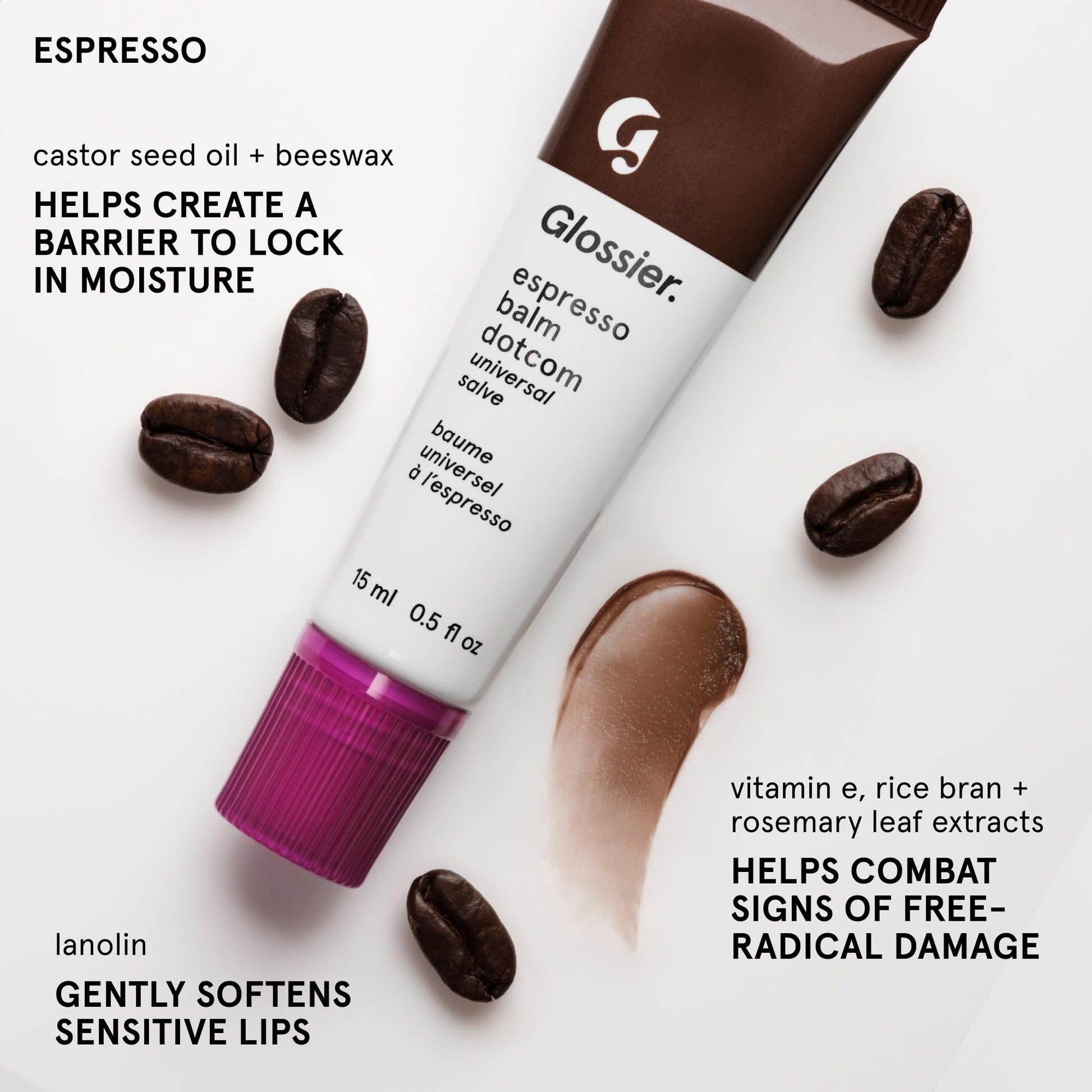Glossier Balm Dotcom Hydrating Tinted Lip Balm - Universal Salve, Up to 12Hr Moisture for Dry Lips, Cuticles & Skin - Lanolin, Beeswax & Castor Oil - Espresso, Mocha Tint, 15ml GlossierAu supplements