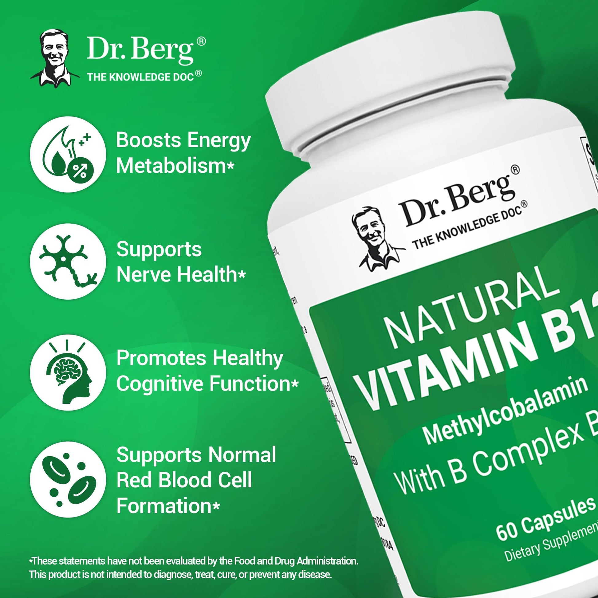 Dr. Berg Natural Vitamin B12 1000 mcg with B Complex Blend - Methylcobalamin B12 for Energy, Nerve Health, and Cognitive Function* - Methylated B12 with Folate - 60 Capsules (2-Month Supply) Dr. Berg NutritionalsAu supplements