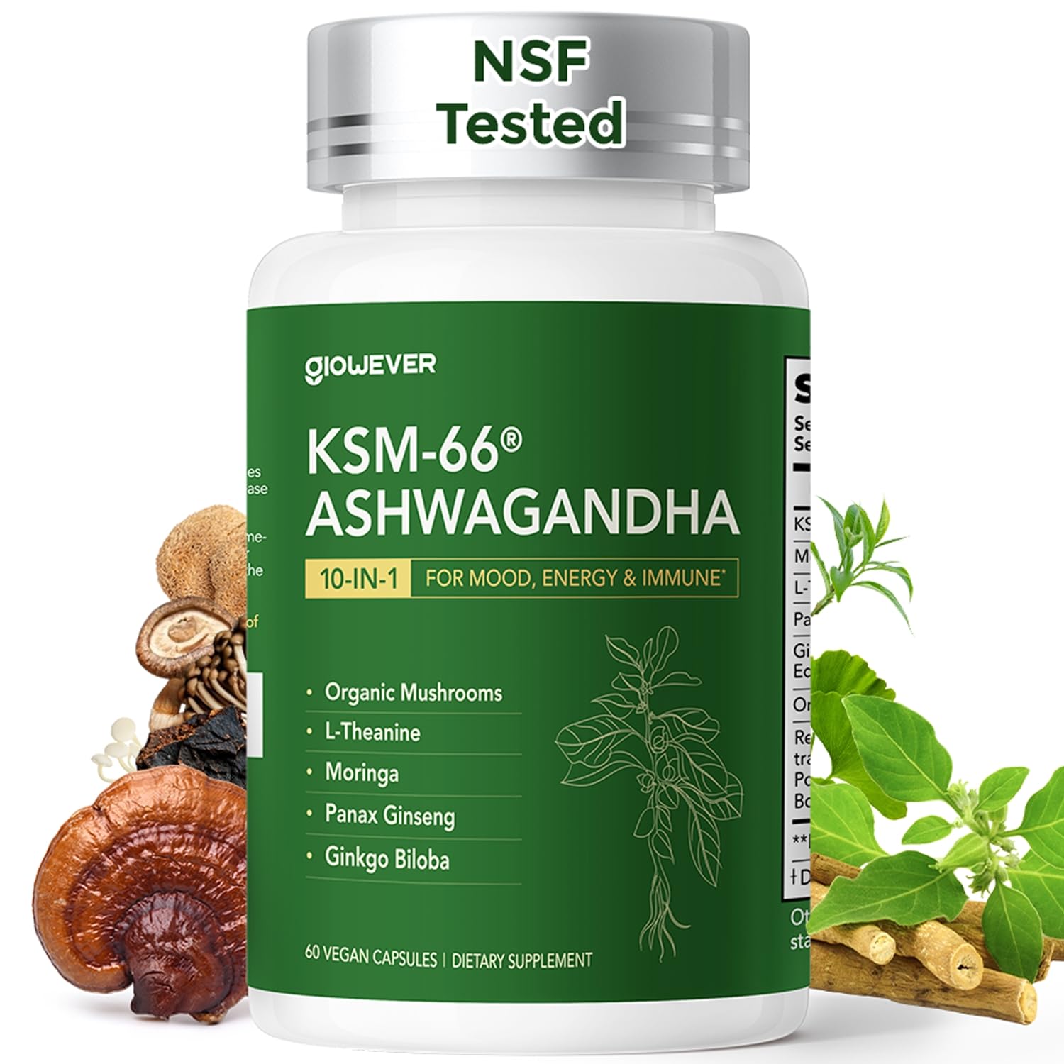 GlowEver KSM-66 Ashwagandha Supplements with L-Theanine Moringa Organic Mushrooms Complex Ginseng Ginkgo Biloba - Mood & Energy Support, Cortisol Manager, Immune Support, 60 Vegan Capsules GlowEverAu supplements
