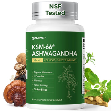 GlowEver KSM-66 Ashwagandha Supplements with L-Theanine Moringa Organic Mushrooms Complex Ginseng Ginkgo Biloba - Mood & Energy Support, Cortisol Manager, Immune Support, 60 Vegan Capsules GlowEverAu supplements