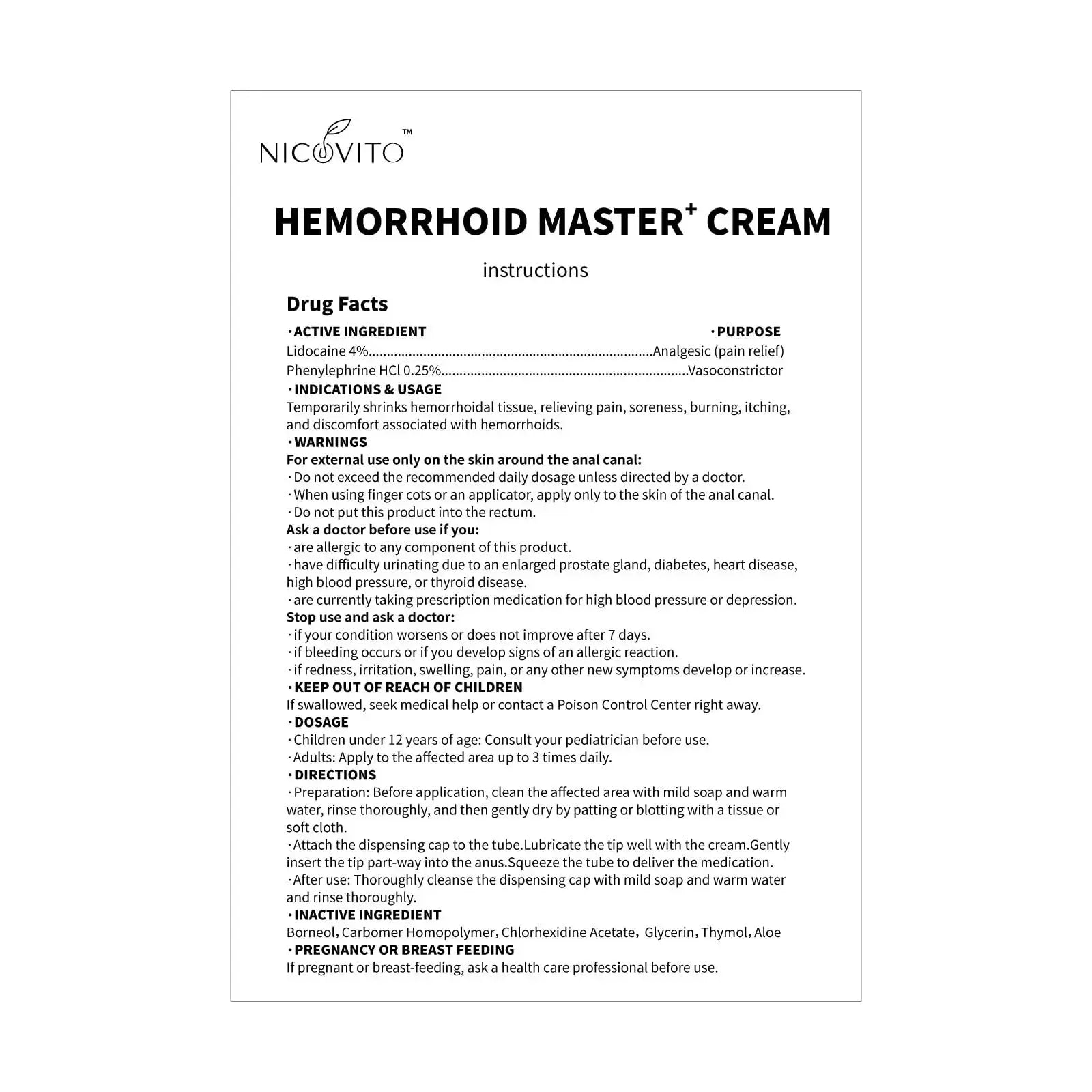 NICOVITO Hemorrhoid & Fissure Treatment Cream, 4% Lidocaine & Phenylephrine HCl Ointment, Maximum Strength Fast Relief for Pain, Itching & Swelling, External Use (0.7 oz) NICOVITOAu supplements