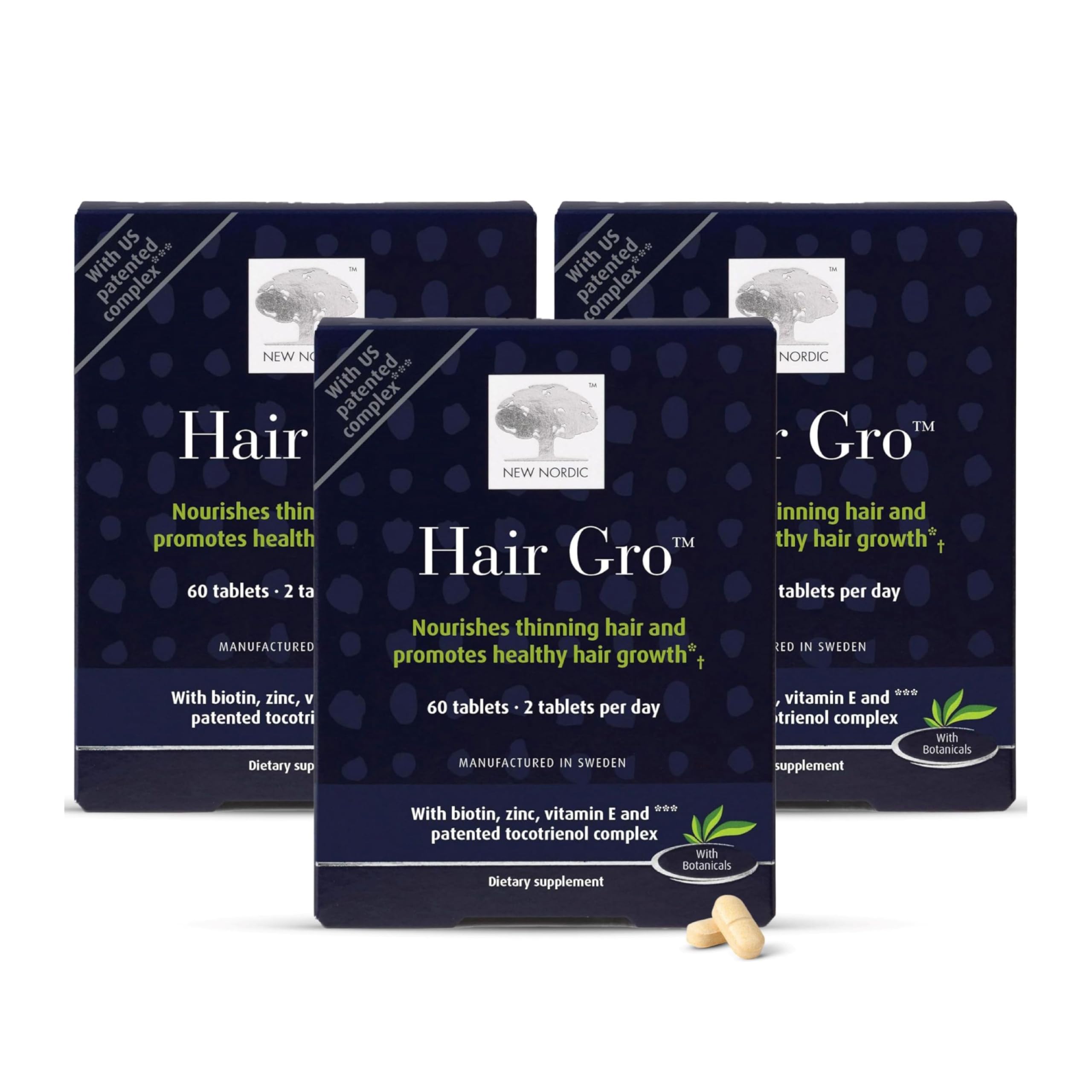 NEW NORDIC Hair GRO, Hair Growth Supplement, Biotin & Palm Fruit Extract Tocotrienols for Natural Regrowth, 60 Count (Pack of 3) NEW NORDICAu supplements