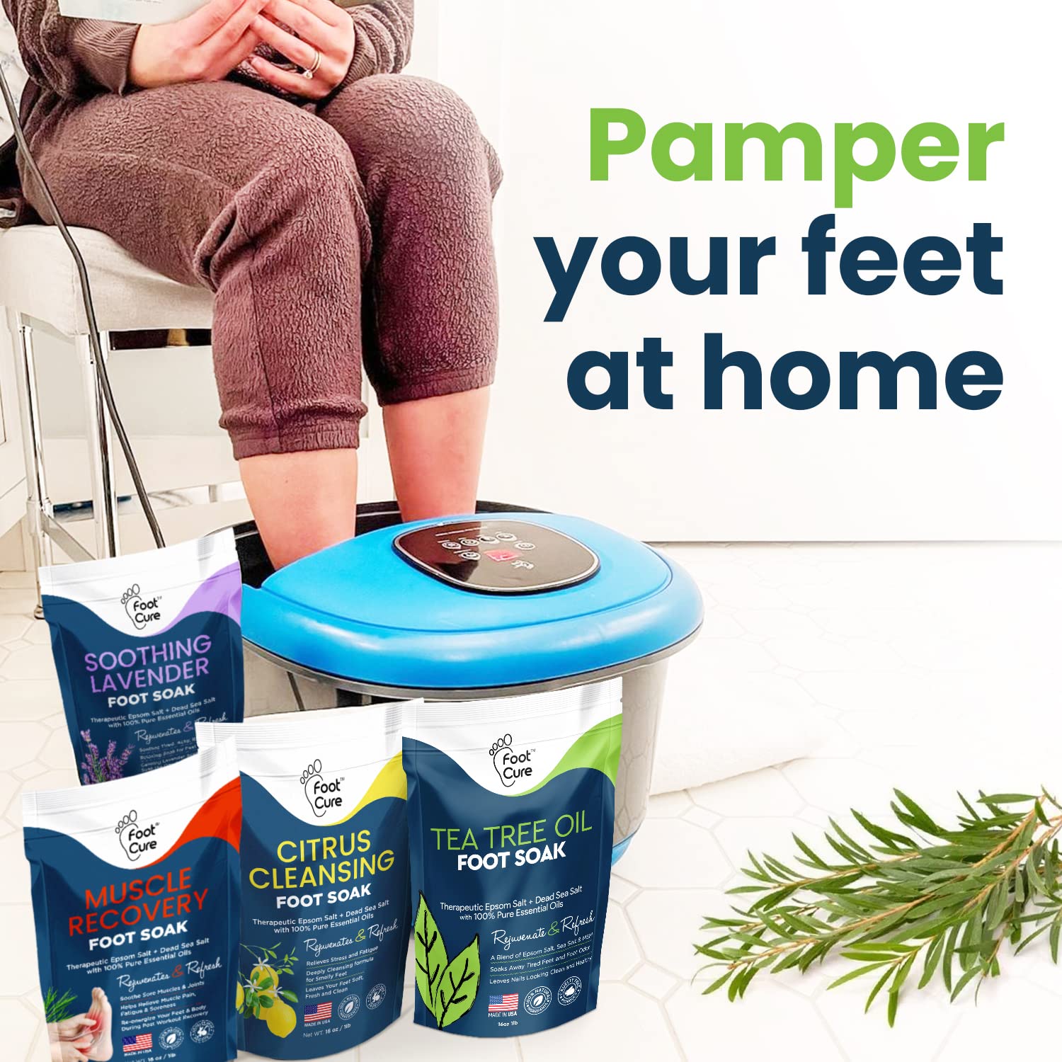 Foot Soak with Epsom Salts- Variety Pack of 4- Tea Tree Oil, Muscle Relief, Calming FOOT CUREUS supplements