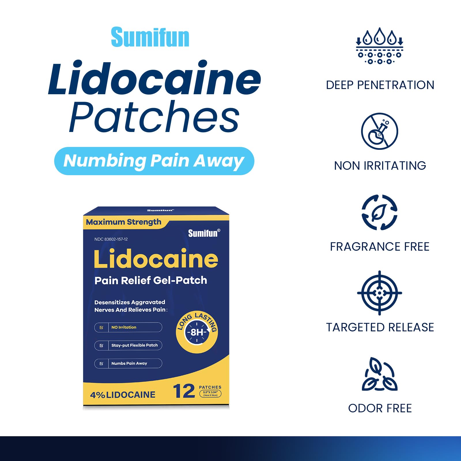 Sumifun 4% Lidocaine Patches Maximum Strength - 12 Count Pain Relieving Gel Patch for Muscle Soreness, Back Ache, Knee, Neck & Joint Pains - Topical Analgesic (Large, Count, 12) SumifunAu supplements