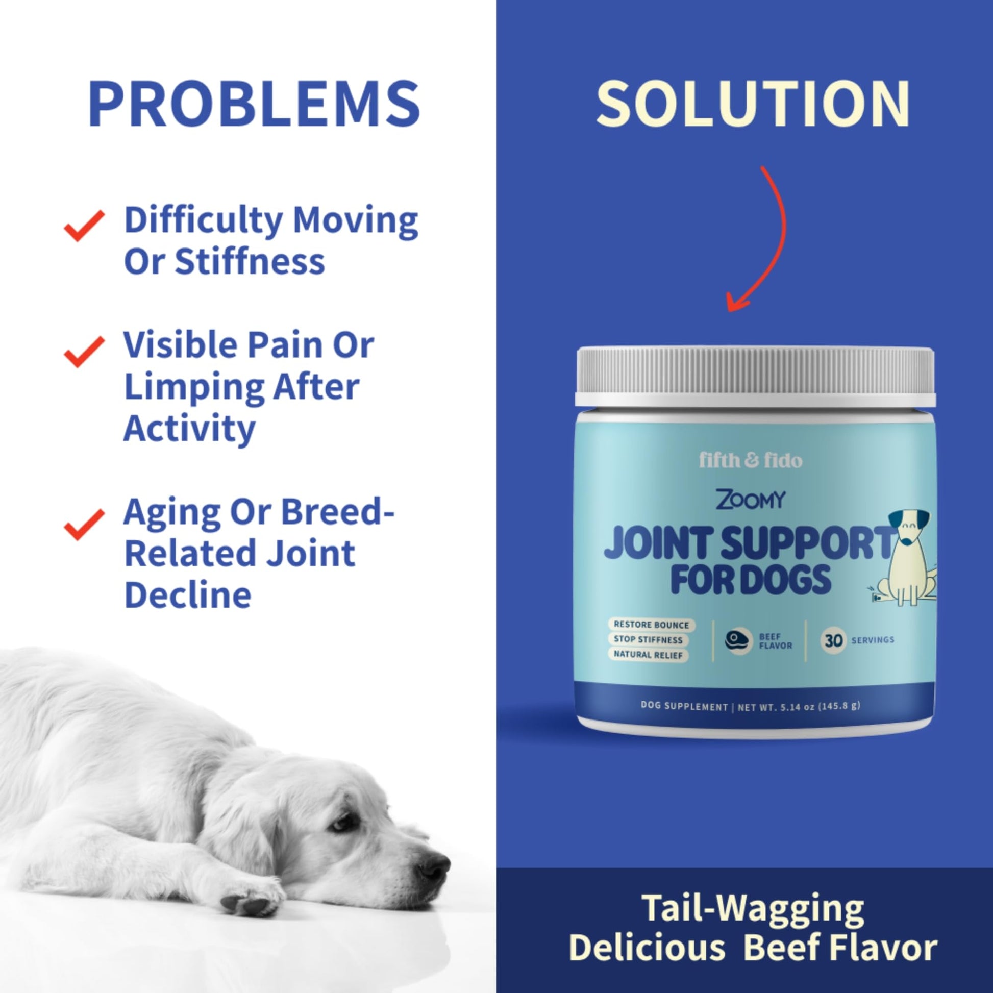Fifth & Fido Joint Supplement for Dogs - Glucosamine for Dogs - Pet Vitamins and Supplements Powder with Chondroitin & MSM - Hip & Joint Support for Mobility, Stiffness & Flexibility - Mushroom Blend Fifth & FidoAu supplements
