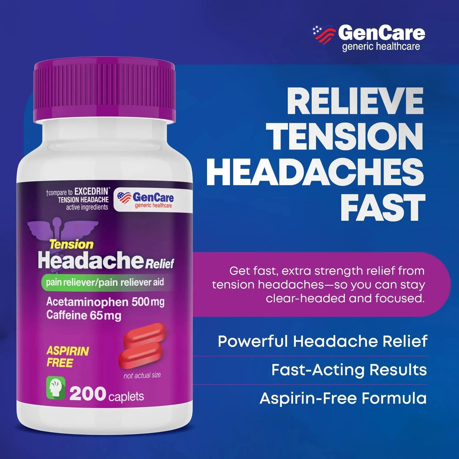 GenCare - Tension Headache Relief Pain Reliever with Acetaminophen 500 mg & Caffeine 65 mg (200 Caplets) Best Value Bulk Extra Strength for Head, Migraine, Joint Pain & Body Ache Relief Medicine GenCareAu supplements
