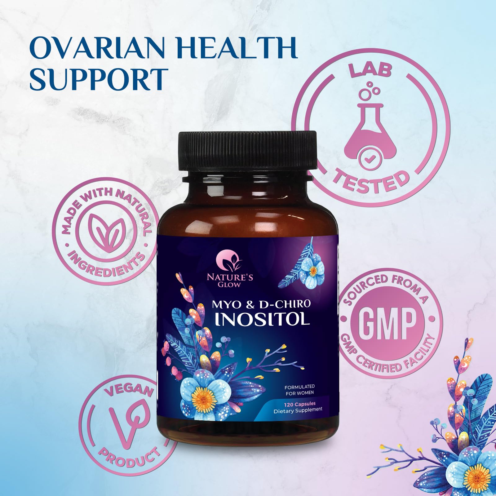 Myo-Inositol & D-Chiro Inositol 1025mg - 40:1 Ideal Ratio for Ovarian Support, Vegan Myo & D Chiro Supplement for Women's Natural Balance and Hormone Support, Vitamin B8, Non-GMO - 120 Capsules Nature's GlowAu supplements