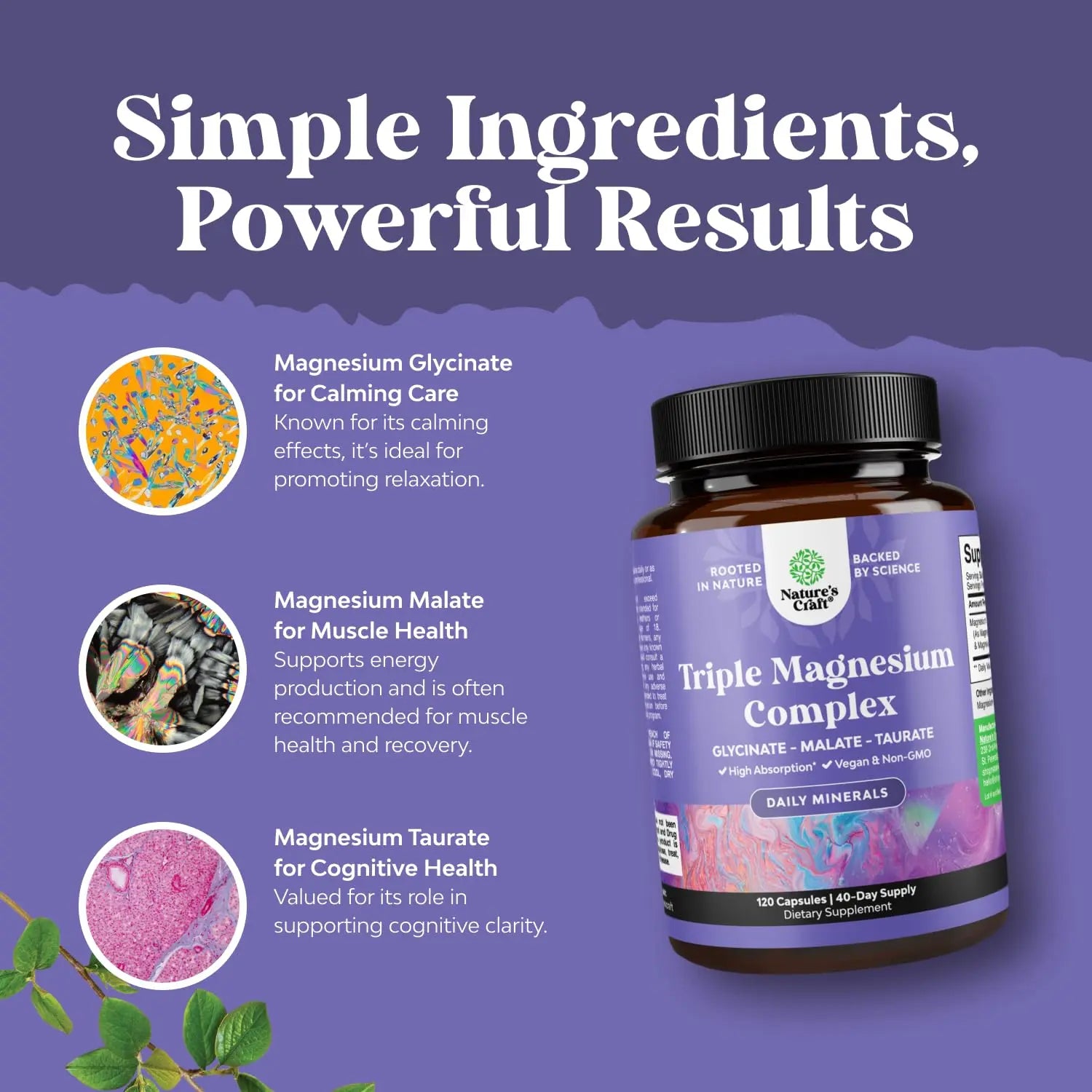 Triple Magnesium Complex Supplement - High Absorption Magnesium Glycinate, Malate & Taurate Blend for Muscles, Energy Support & Heart Health - Triple Mg Complex 400 mg Capsules - 120 Count Natures Craftnz supplements