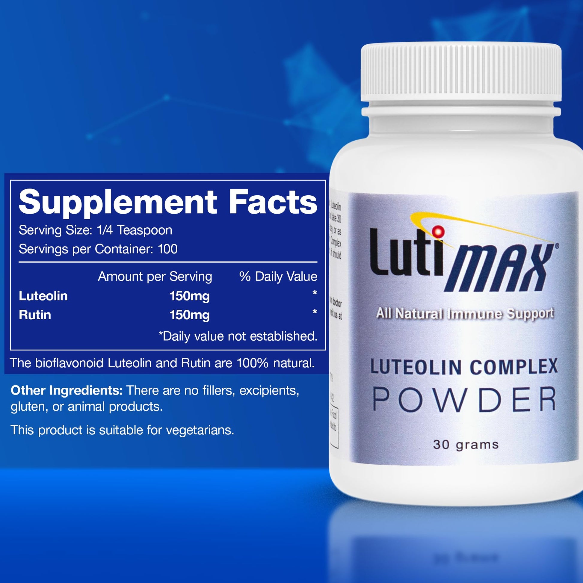 Lutimax Luteolin Complex Powder Brain Supplement with Rutin - Nootropic Brain Supplements for Memory and Focus to Improve Brain Health - Antioxidant Supplement for Immune Support - 100 Servings Solo LutiAu supplements