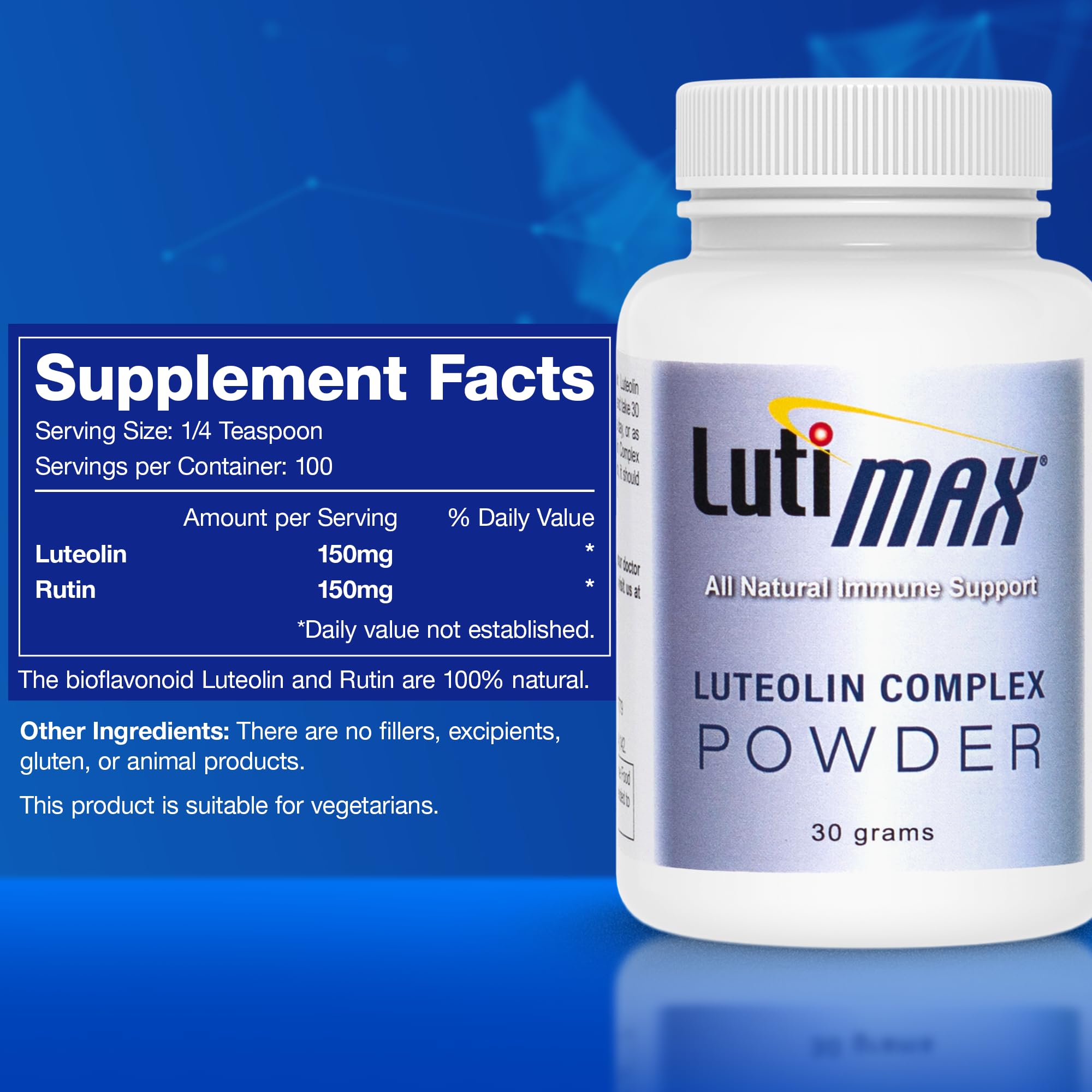 Lutimax Luteolin Complex Powder Brain Supplement with Rutin - Nootropic Brain Supplements for Memory and Focus to Improve Brain Health - Antioxidant Supplement for Immune Support - 100 Servings Solo LutiAu supplements