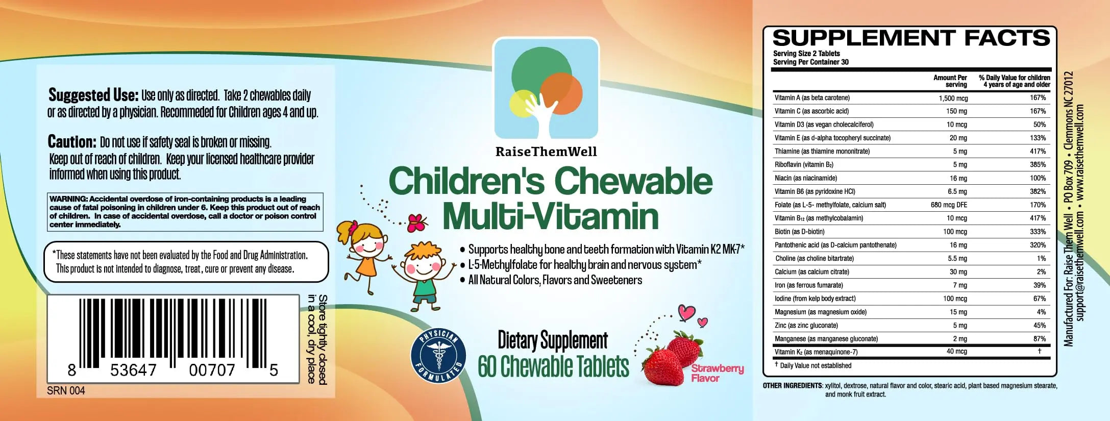 Raise Them Well Tasty Chewable Kids Multivitamin, All-Natural Colors, Flavors & Sweeteners, Daily Essential Vitamins for Children, Easy-to-Chew Vitamins, Strawberry Raise Them WellAu supplements