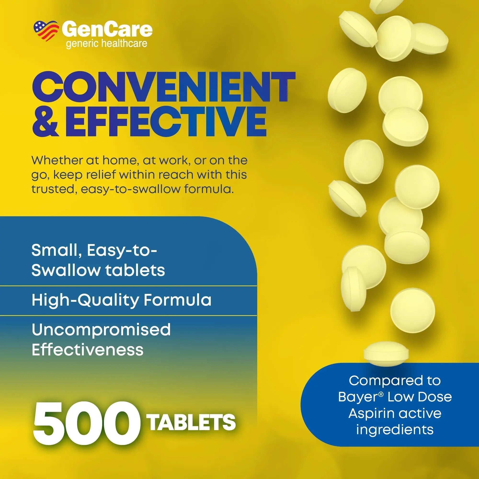 GenCare - Low Dose Aspirin 81mg for Adults Coated (NSAID) 500 Tablets | Adult Low Dose | Enteric Coated Aspirin Pills | Muscle Pain & Menstrual Pain Relief | Fever Reducer | Generic Bayer GenCareAu supplements