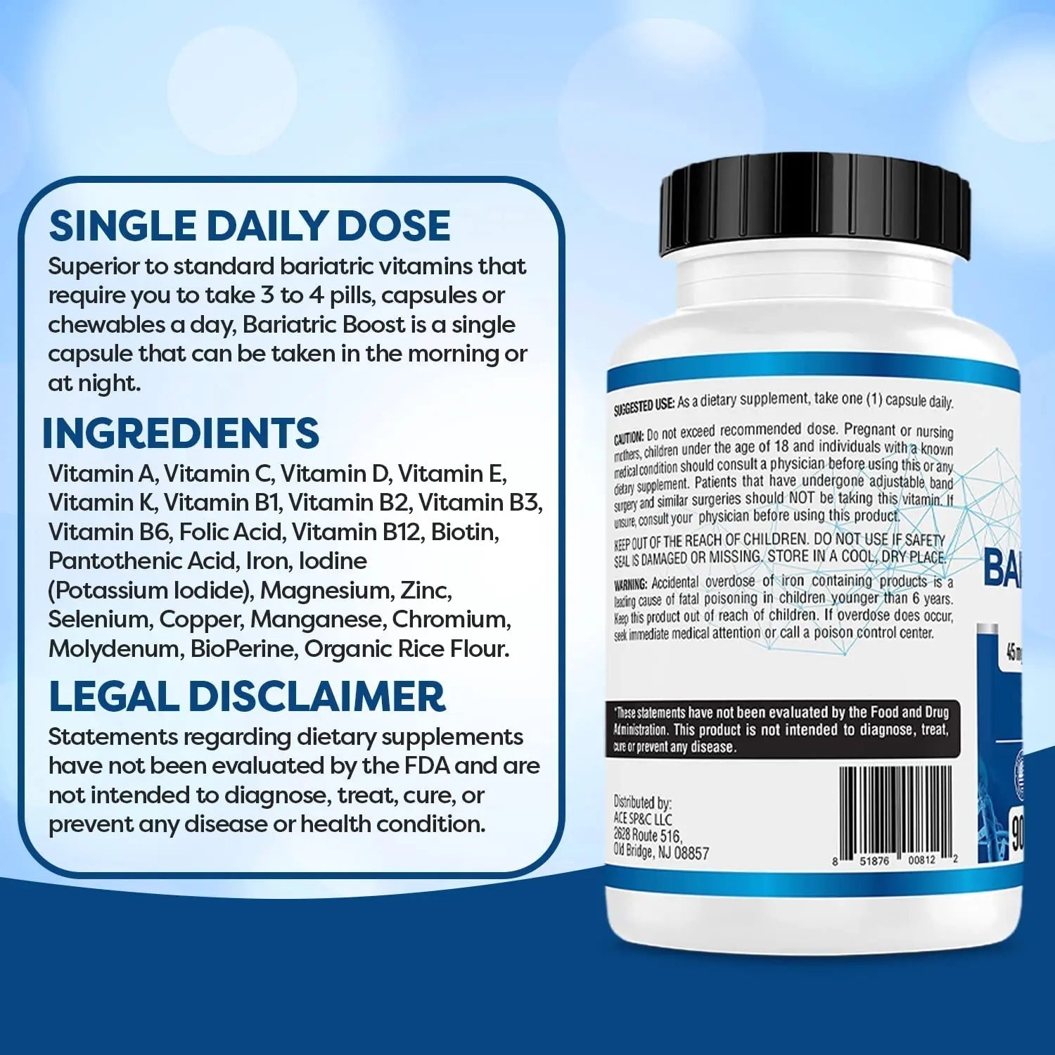 Bariatric Boost One-A-Day Multivitamin 90 Day Supply with 45mg Iron Post Gastric Bypass Sleeve Surgery | Non-GMO, Gluten Free, Bariatric Multivitamin Made in USA | ACE NUTRITIONAu supplements