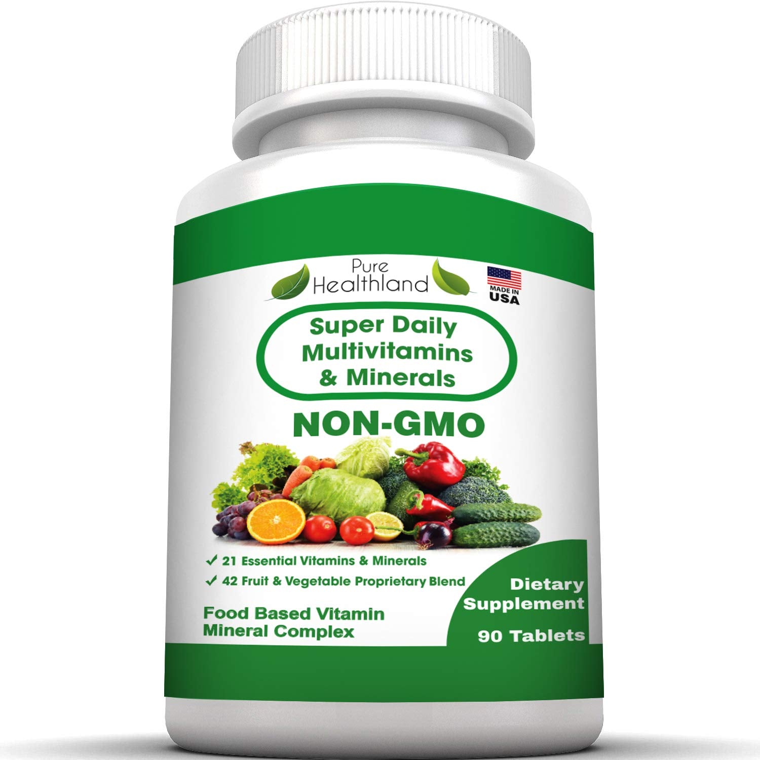 Pure Heathland Non-GMO Super Daily Multivitamin for Adults – 42 Natural Fruits & Vegetables Blend with 21 Essential Vitamins & Minerals – Vegan Coating Tablets, 90 Count, Made in USA Pure HealthlandAu supplements