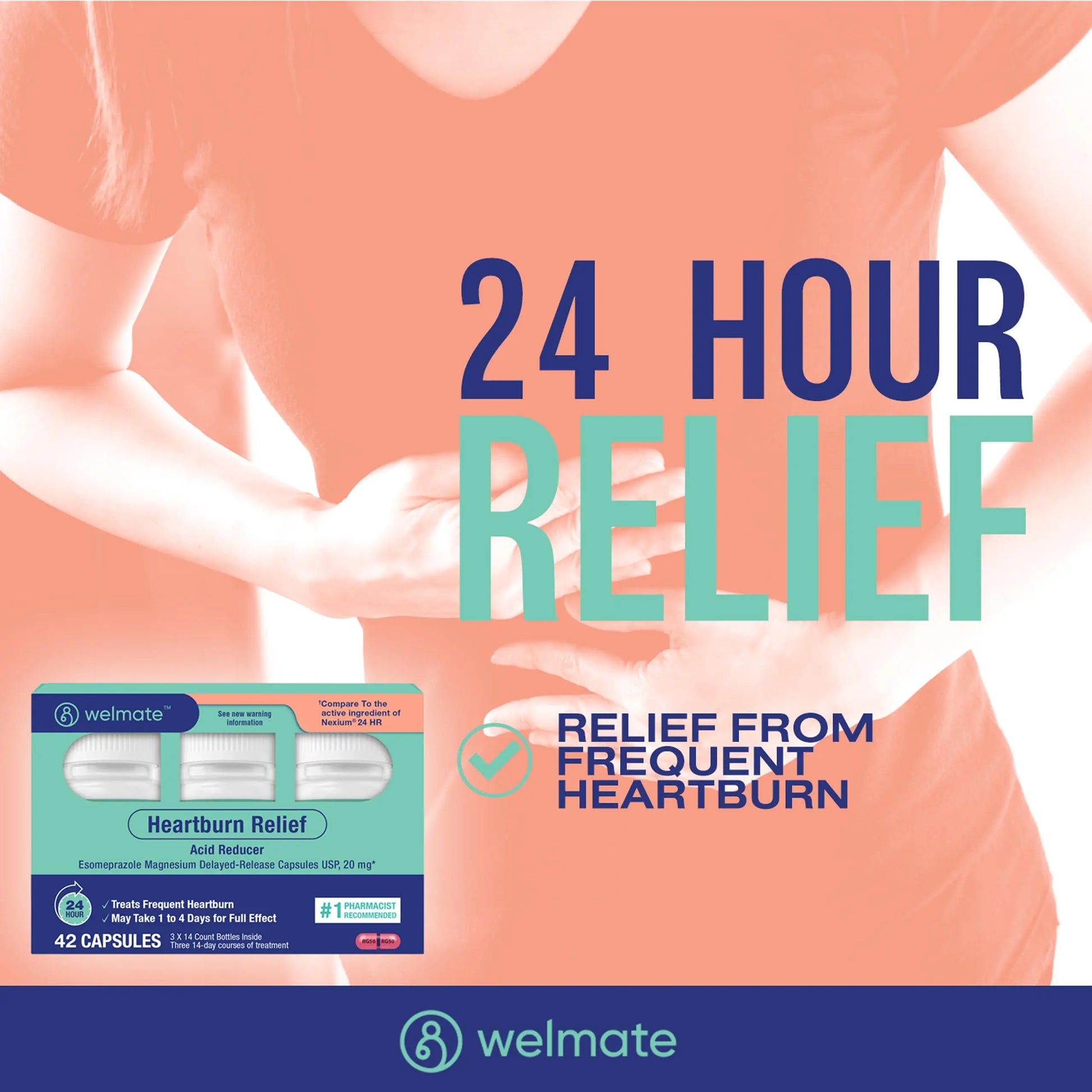 WELMATE Esomeprazole Magnesium 20mg Delayed Release Capsules, 84 Count (2-Pack) – Acid Reducer for Frequent Heartburn & Acid Reflux Relief, 24HR Protection, Digestion Support WELMATEnz supplements